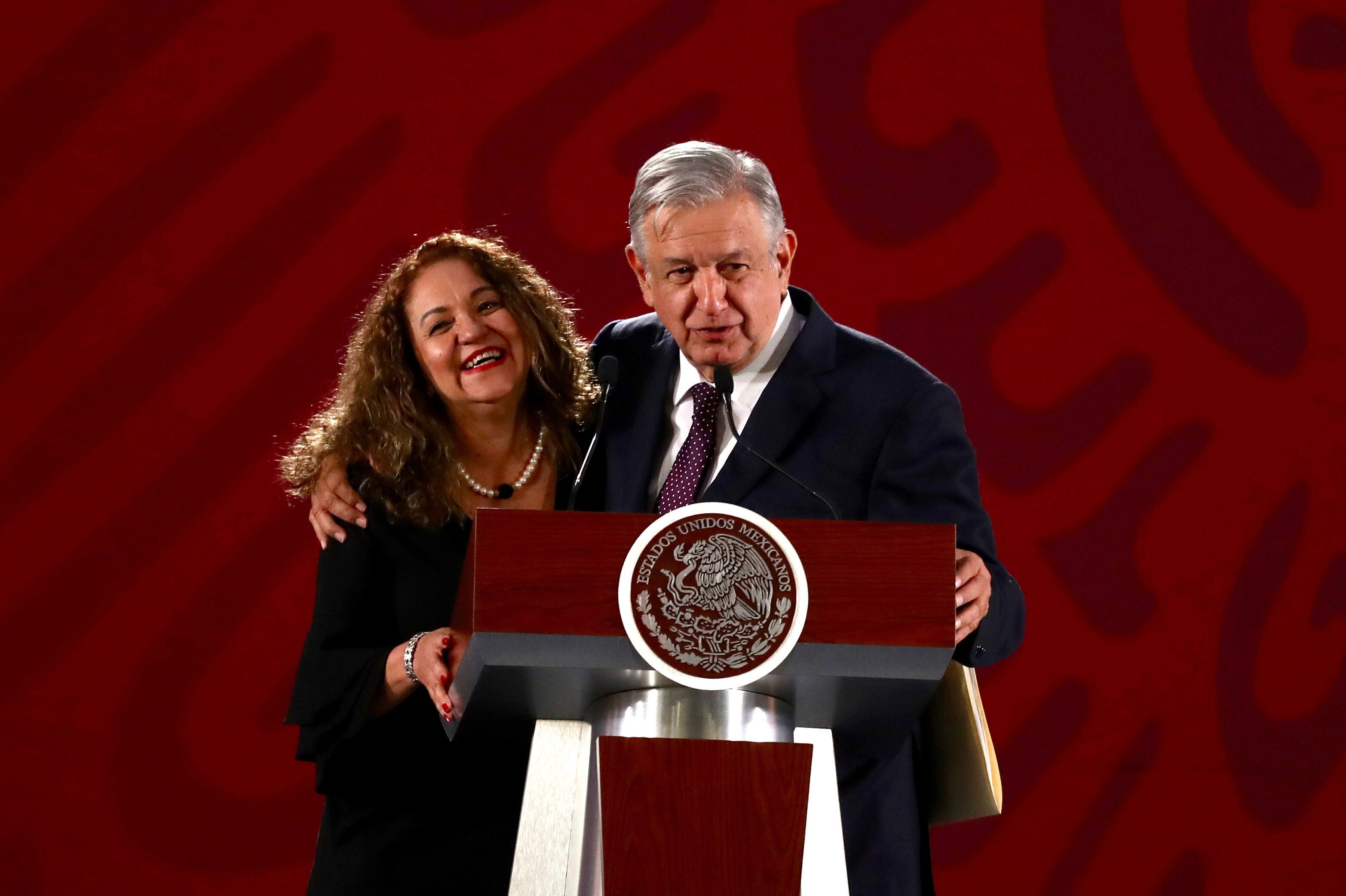 President Andrés Manuel López Obrador and Sanjuana Martínez, director of Notimex, during the morning conference on Friday, July 19, 2019 at the National Palace.