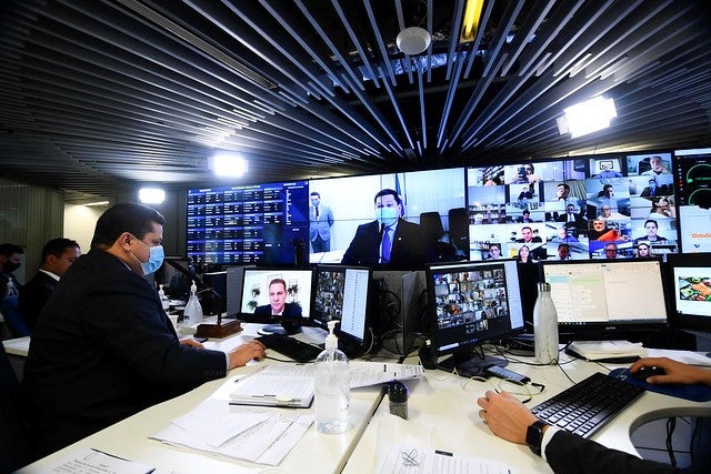 The president of Brazil’s Senate, Davi Alcolumbre, presides over a session via videoconference on June 10, 2020. The Senate is holding discussions and votes via videoconference due to the Covid-19 pandemic.