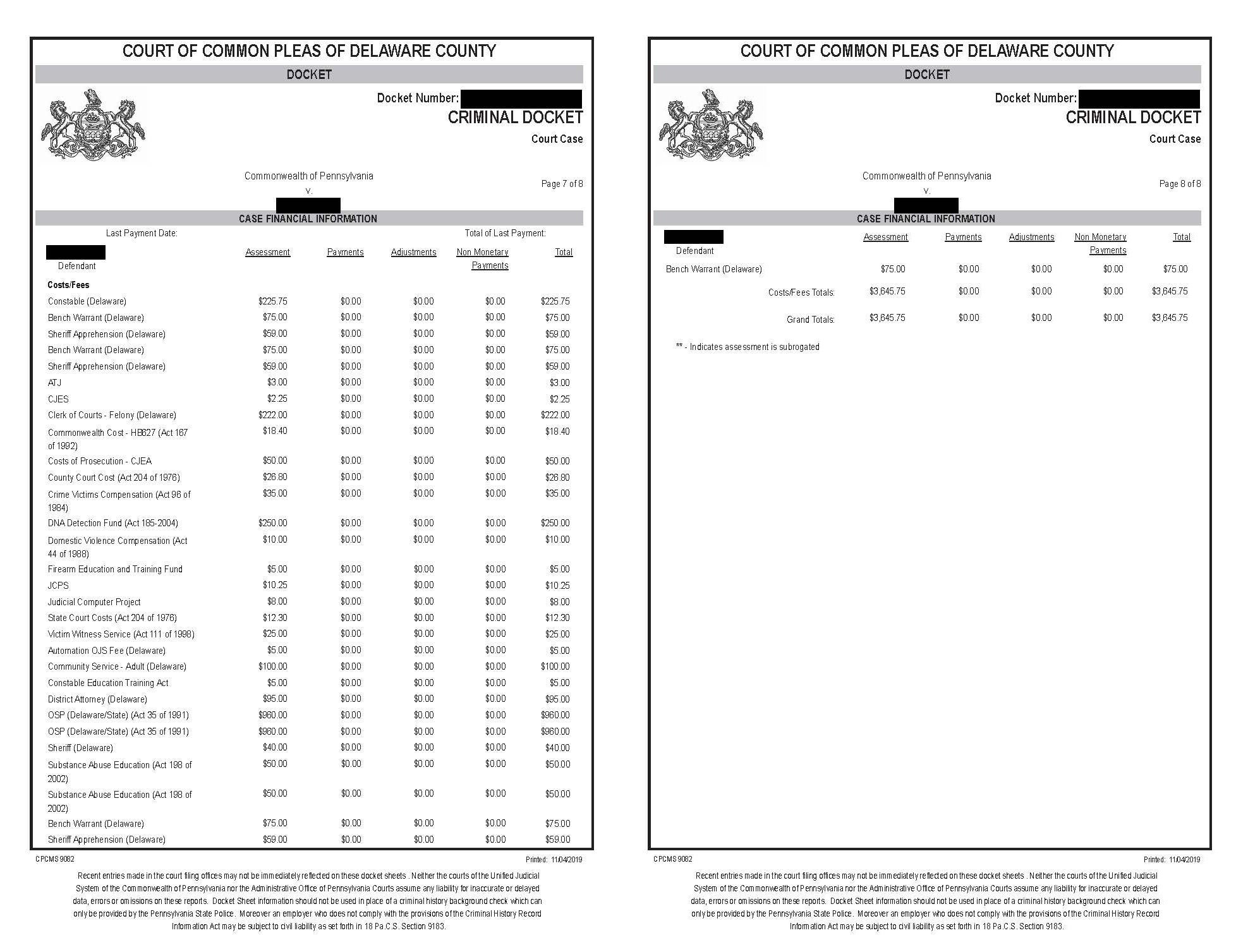 Document detailing court costs for a person under supervision