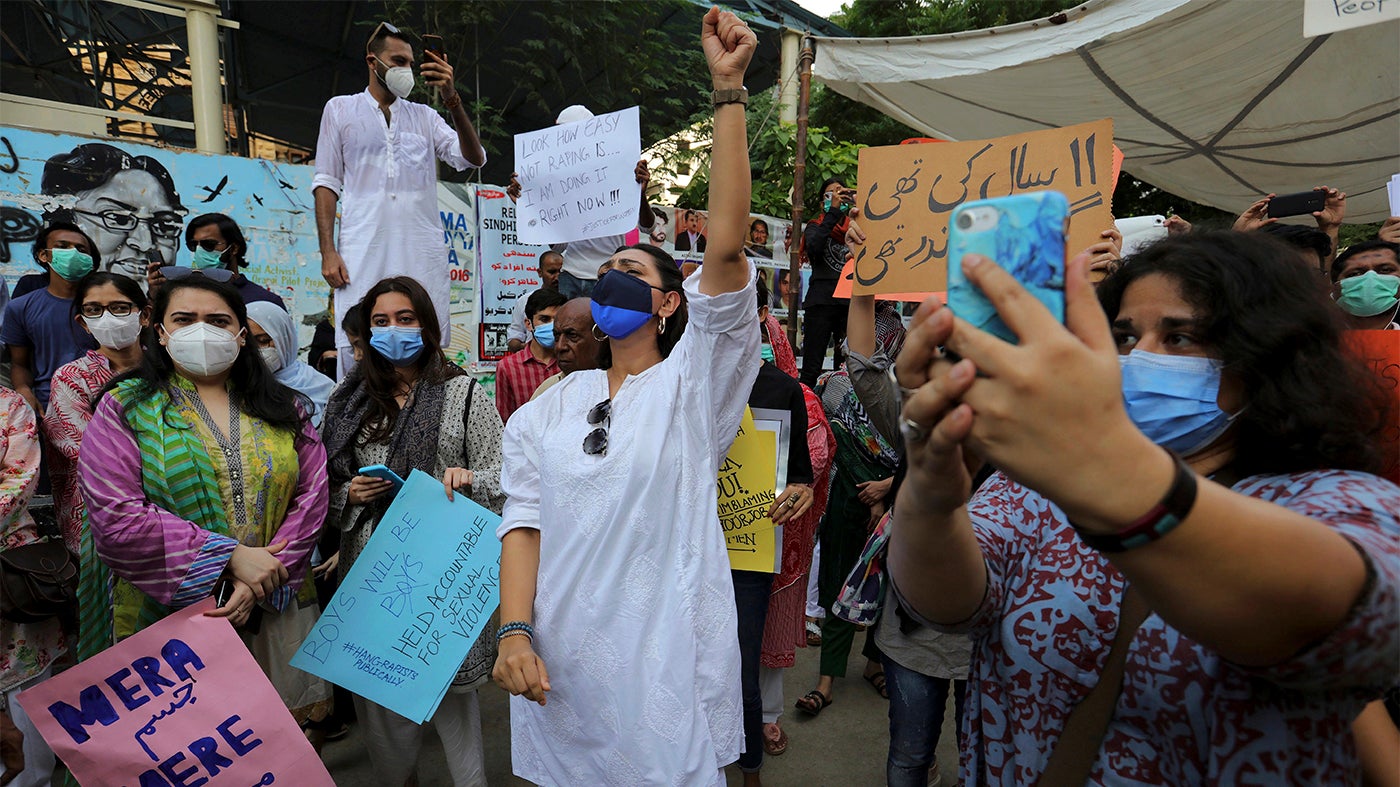 Members of civil society groups take part in a rally to condemn a recent gang rape of a woman on a highway, Karachi, Pakistan, September 12, 2020.