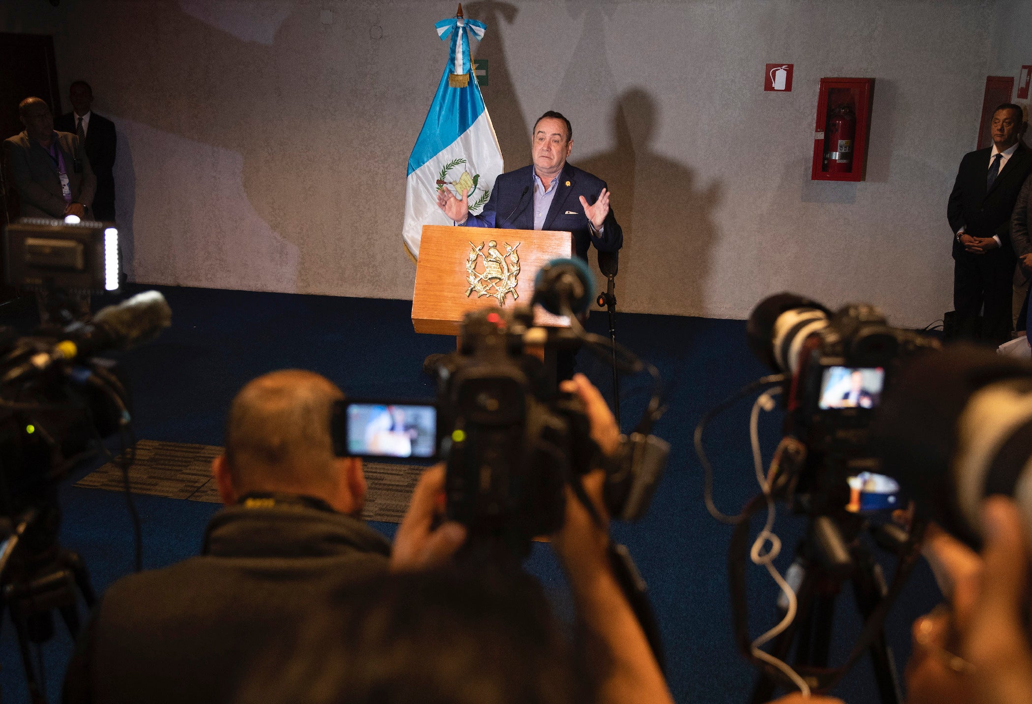 uatemala's President Alejandro Giammattei gives a press conference at the National Theatre, the day before his inauguration in Guatemala City, Jan. 13, 2020.