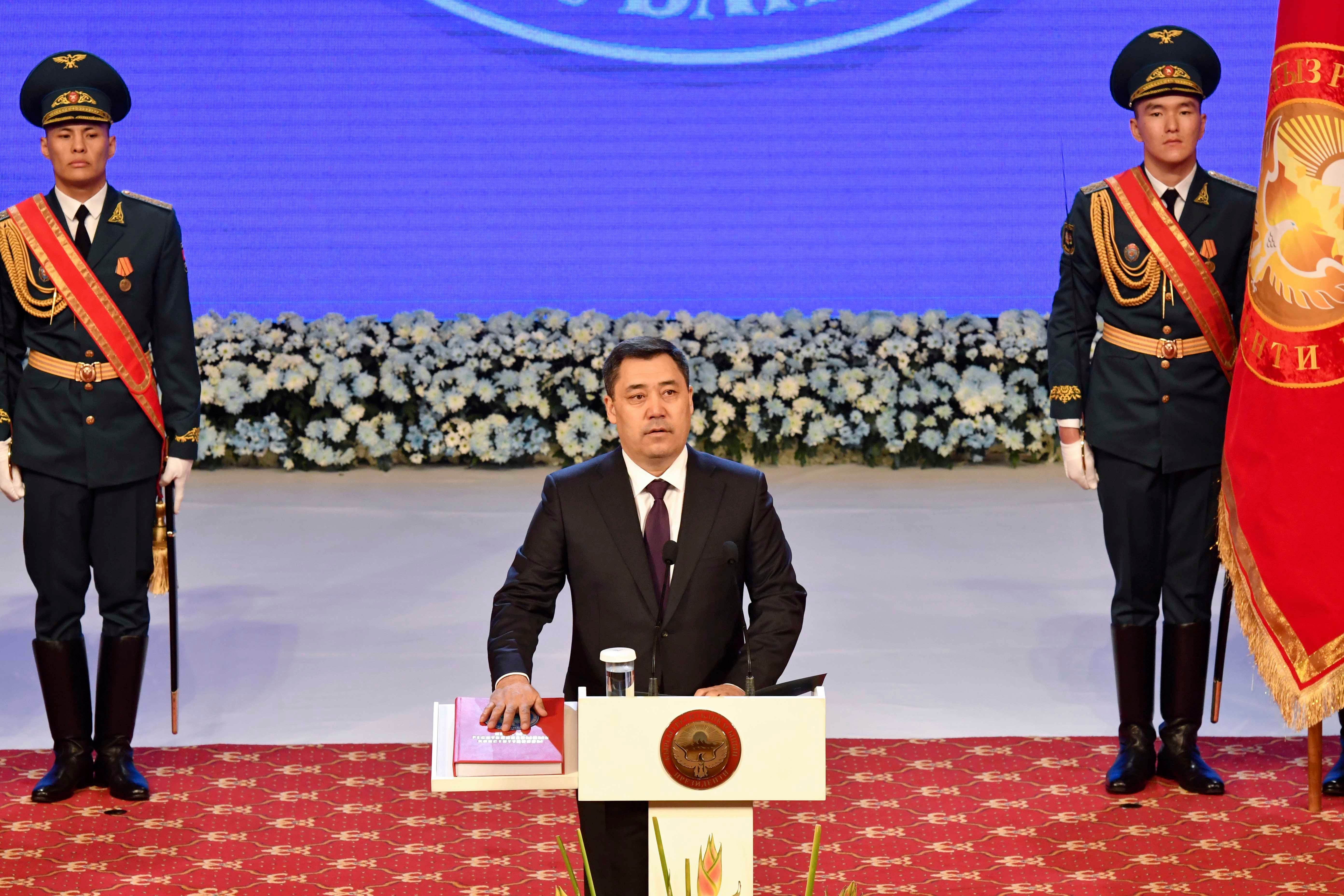 The new Kyrgyzstan President Sadyr Zhaparov, who won the January 10 snap election, at his inauguration ceremony in Bishkek, Kyrgyzstan, Thursday, Jan. 28, 2021.
