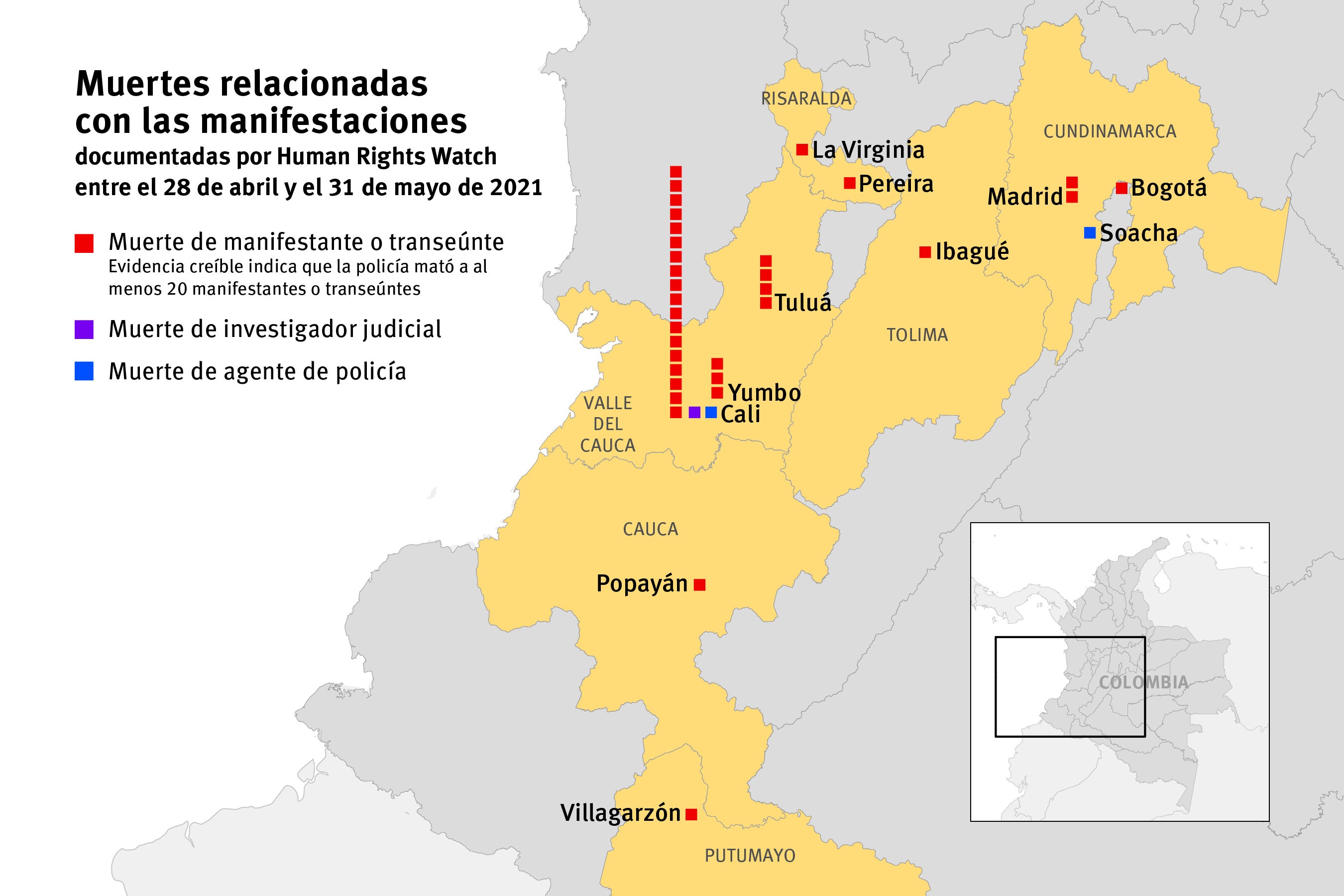 Muertes relacionadas con las manifestaciones documentadas por Human Rights Watch entre el 28 de abril y el 31 de mayo de 2021.