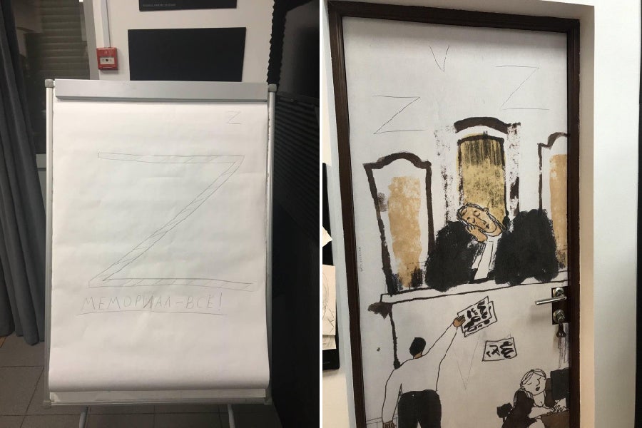 (Left): Writing board in Memorial’s office with letter “Z” and “Memorial is finished” written on it, published in Memorial’s Telegram channel. (Right): Door in Memorial office with letters “Z” and “V” – widely recognized symbols of the Russian armed forces in Ukraine – written on it, published in Memorial’s Telegram channel.