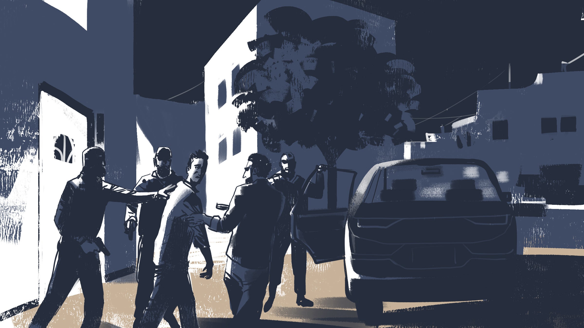 Armed men push a man into a vehicle