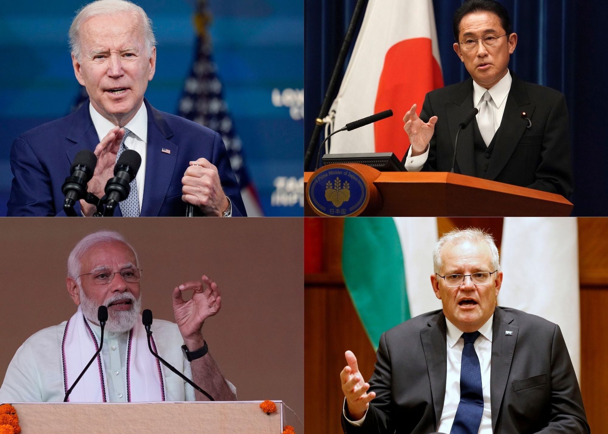 Collage of US President Joe Biden, Japanese Prime Minister Fumio Kishida, Indian Prime Minister Narendra Modi, and Australian Prime Minister Scott Morrison.