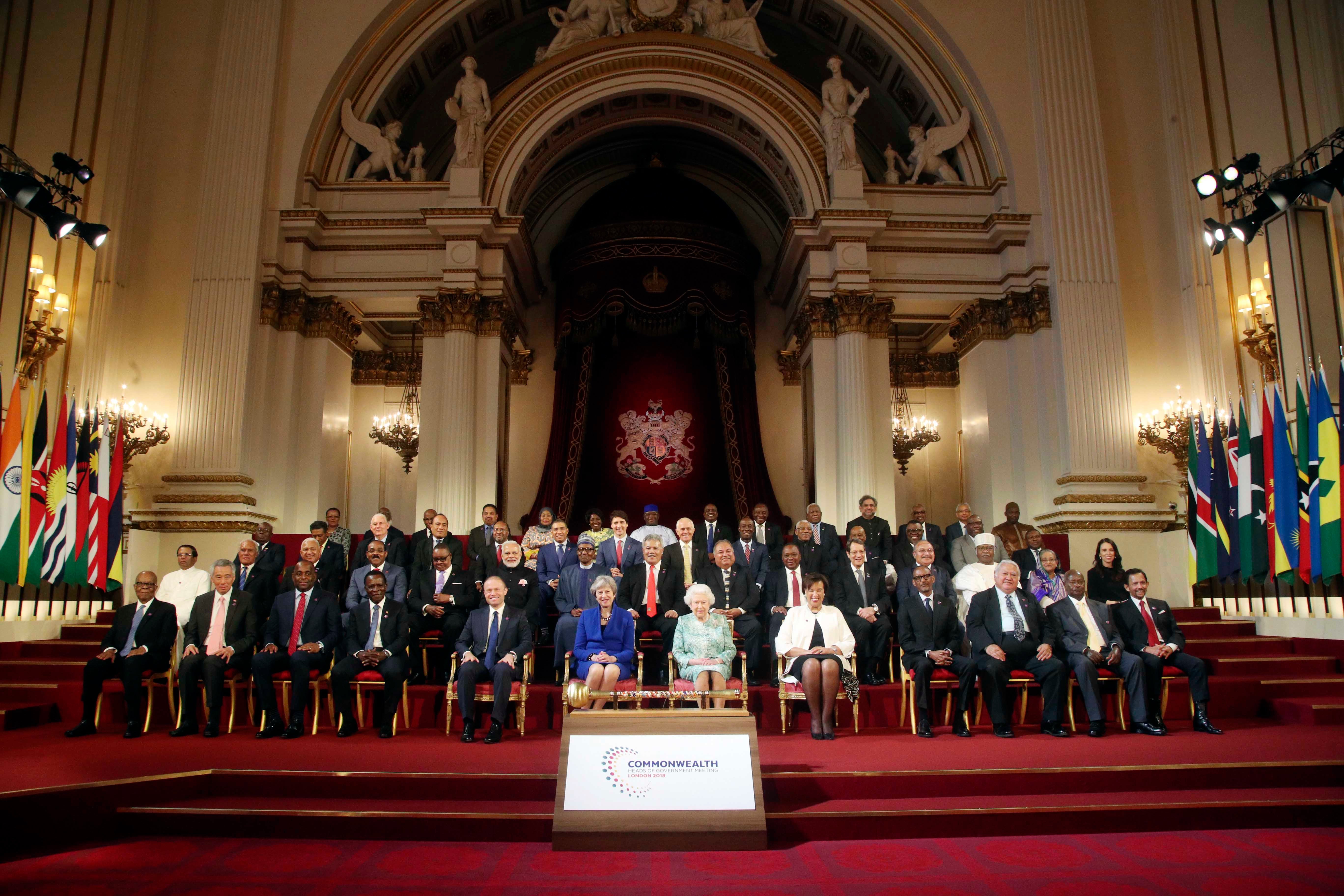 The Commonwealth leaders at the formal opening of the 2018 Commonwealth Heads of Government Meeting in the ballroom at Buckingham Palace in London, April 19, 2018.
