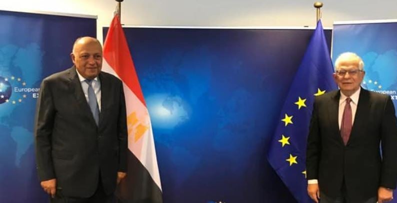 EU foreign affairs high representative Josep Borrell (L) meets with Egyptian foreign minister Sameh Shoukry