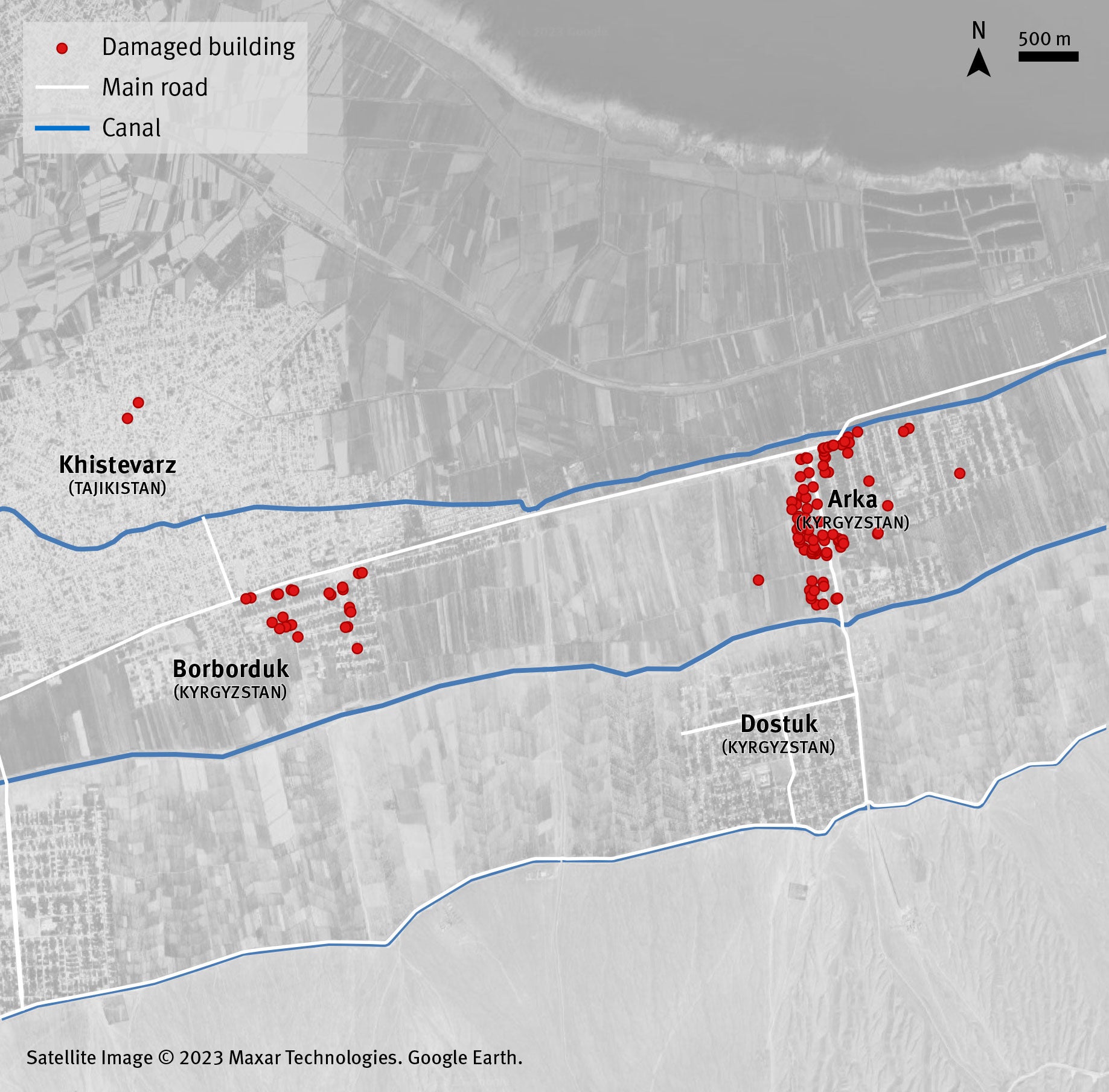 Map of damage documented by Human Rights Watch in Arka Borborduk Khistevar
