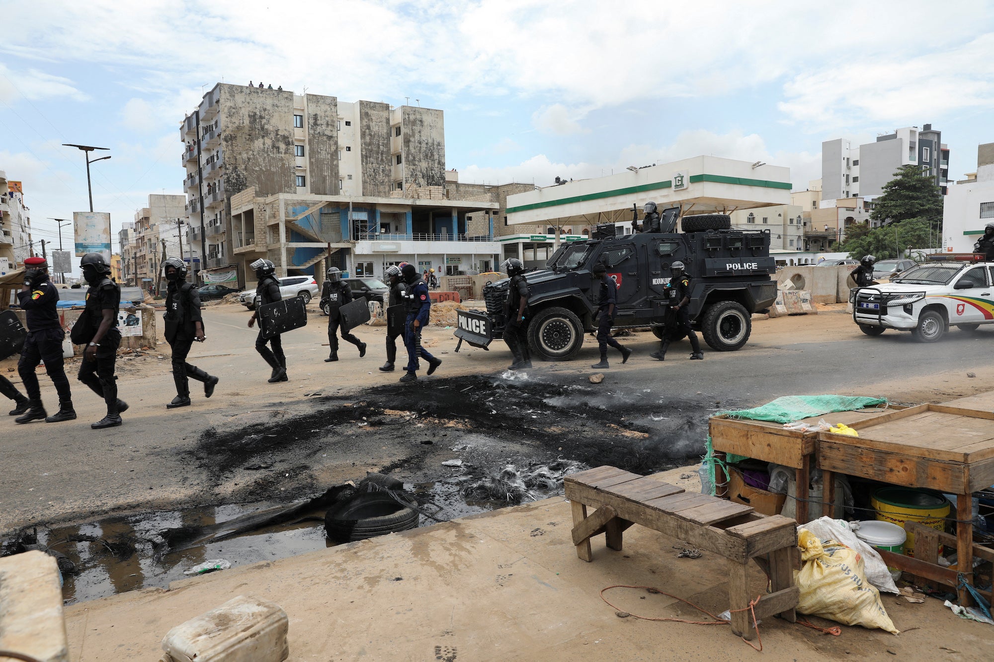 Gendarmes are deployed to calm protests after opposition leader Ousmane Sonko has been detained, in Dakar, Senegal, July 31, 2023. 
