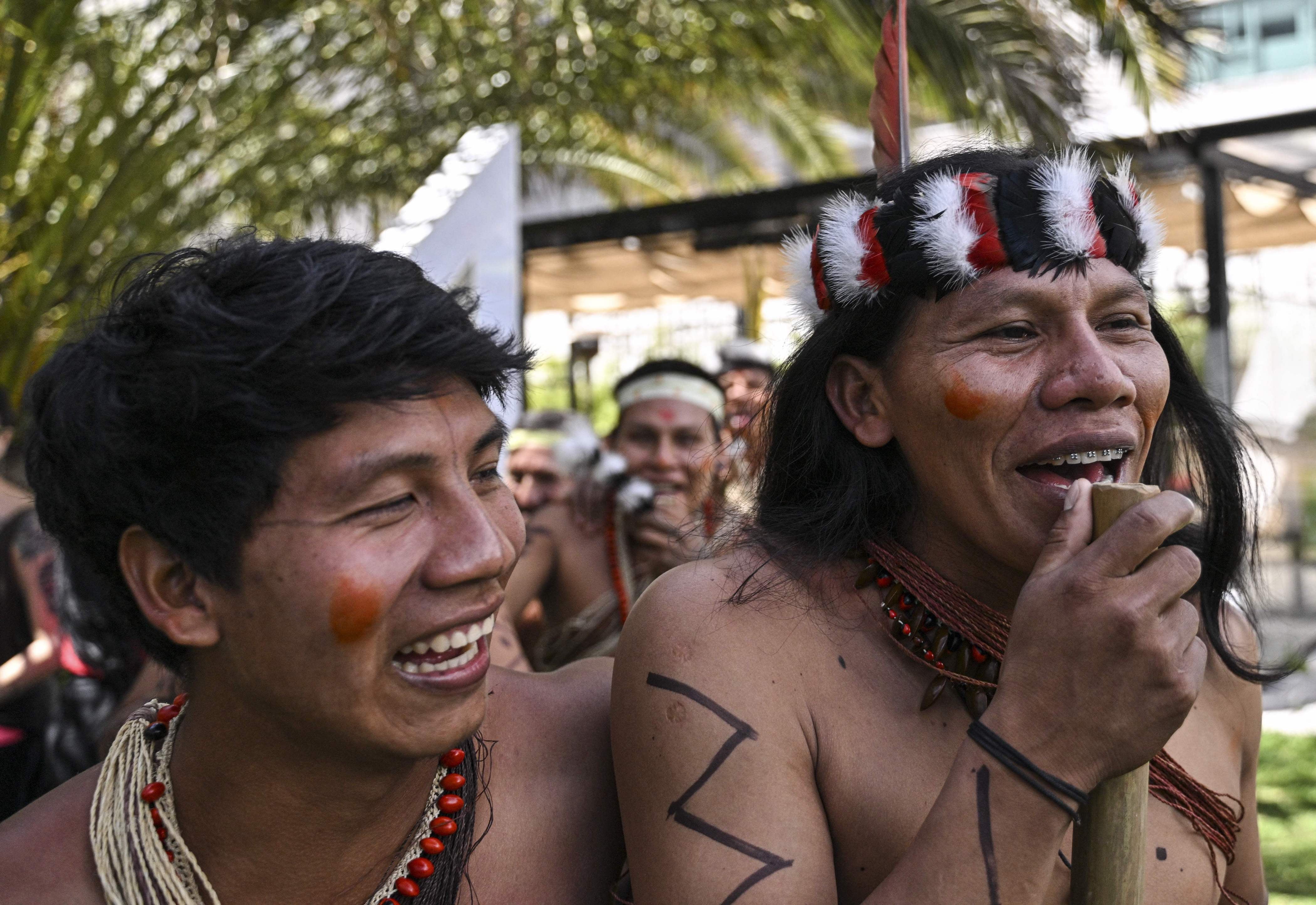 Members of the Waorani Indigenous community demonstrate for peace, for nature and to promote a Yes vote in a referendum to end oil drilling in the Yasuni National Park, Ecuador, August 14, 2023. 