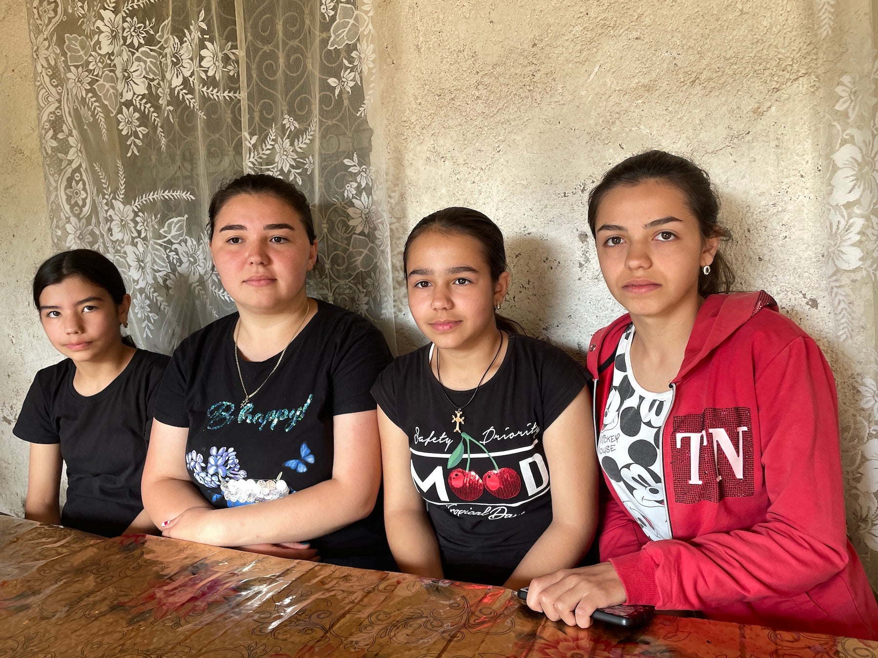 Ariana, 11, Agnessa, 22, Melinda, 12, and Amanda, 18, in Tatev, Armenia, the day after their long journey from Nagorno-Karabakh, September 29, 2023. 