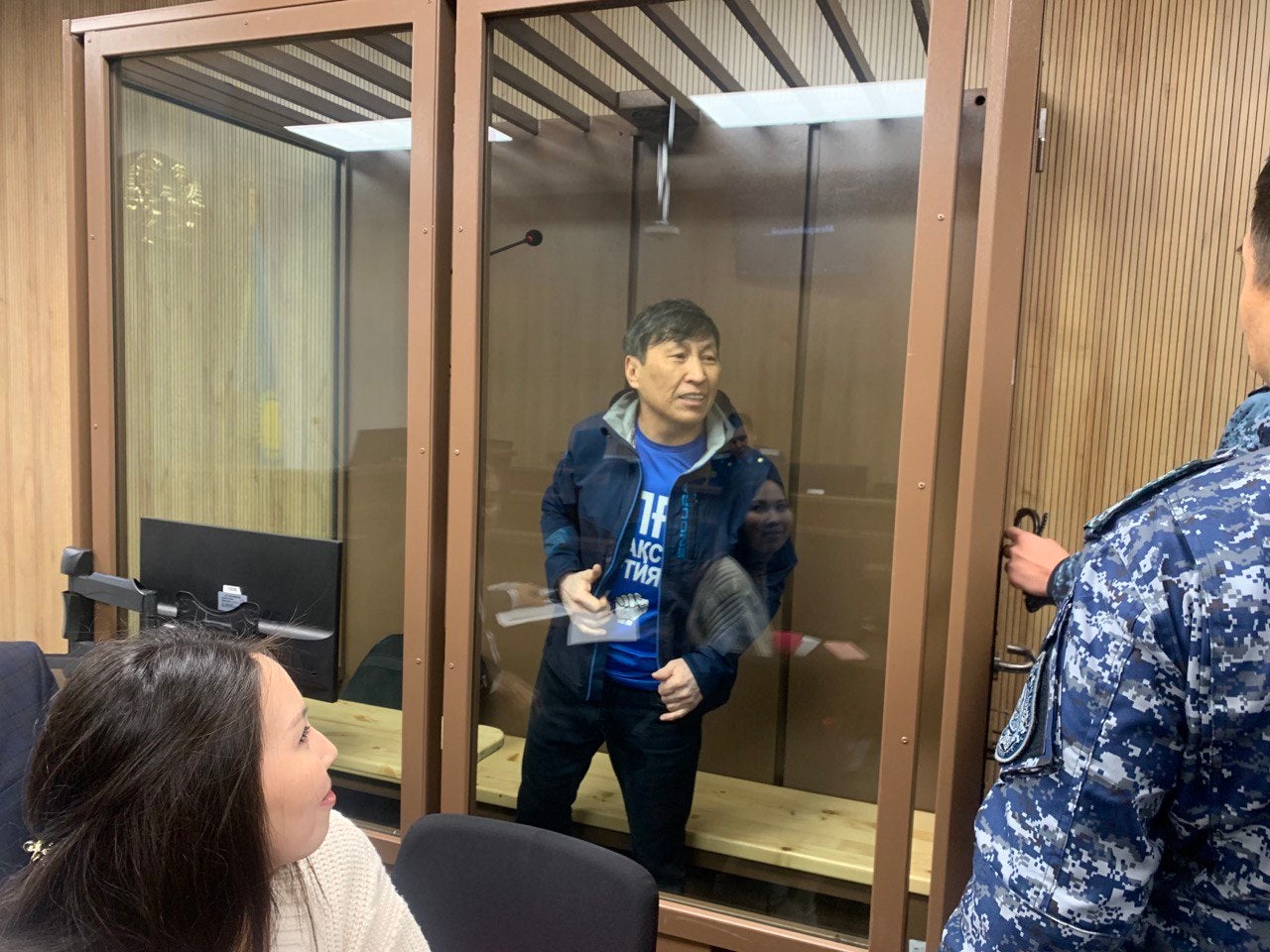 Marat Zhylanbaev, leader of the unregistered opposition party “Alga, Kazakhstan!” at his preliminary hearing in Astana, Kazakhstan on October 30, 2023. 