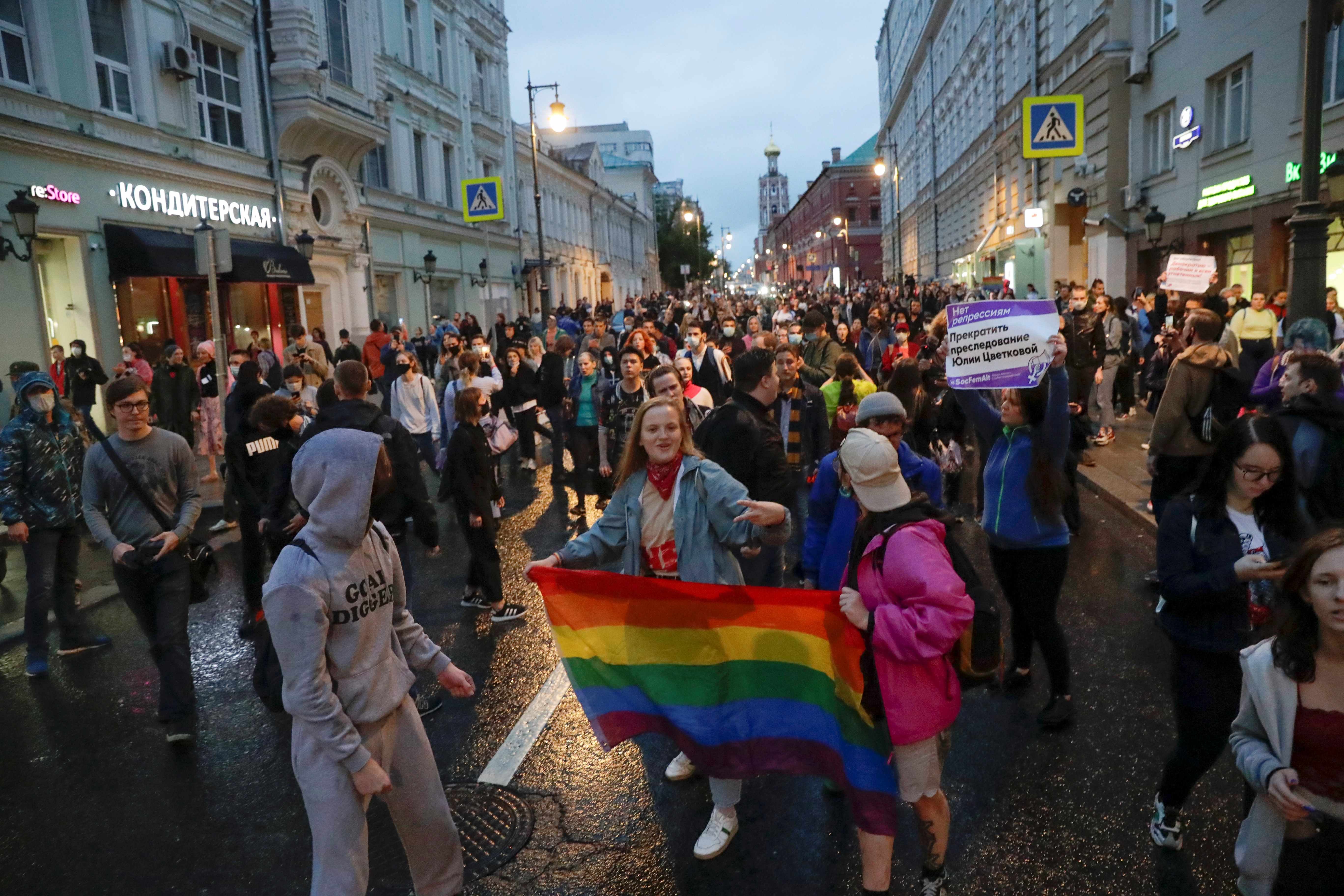 LGBT activists hold a rainbow flag at a rally in Pushkin Square in Moscow, Russia, in July 2020. In November 2023, Russia’s Supreme Court granted a request from the country’s Justice Ministry to outlaw the "international LGBT movement" as "extremist."