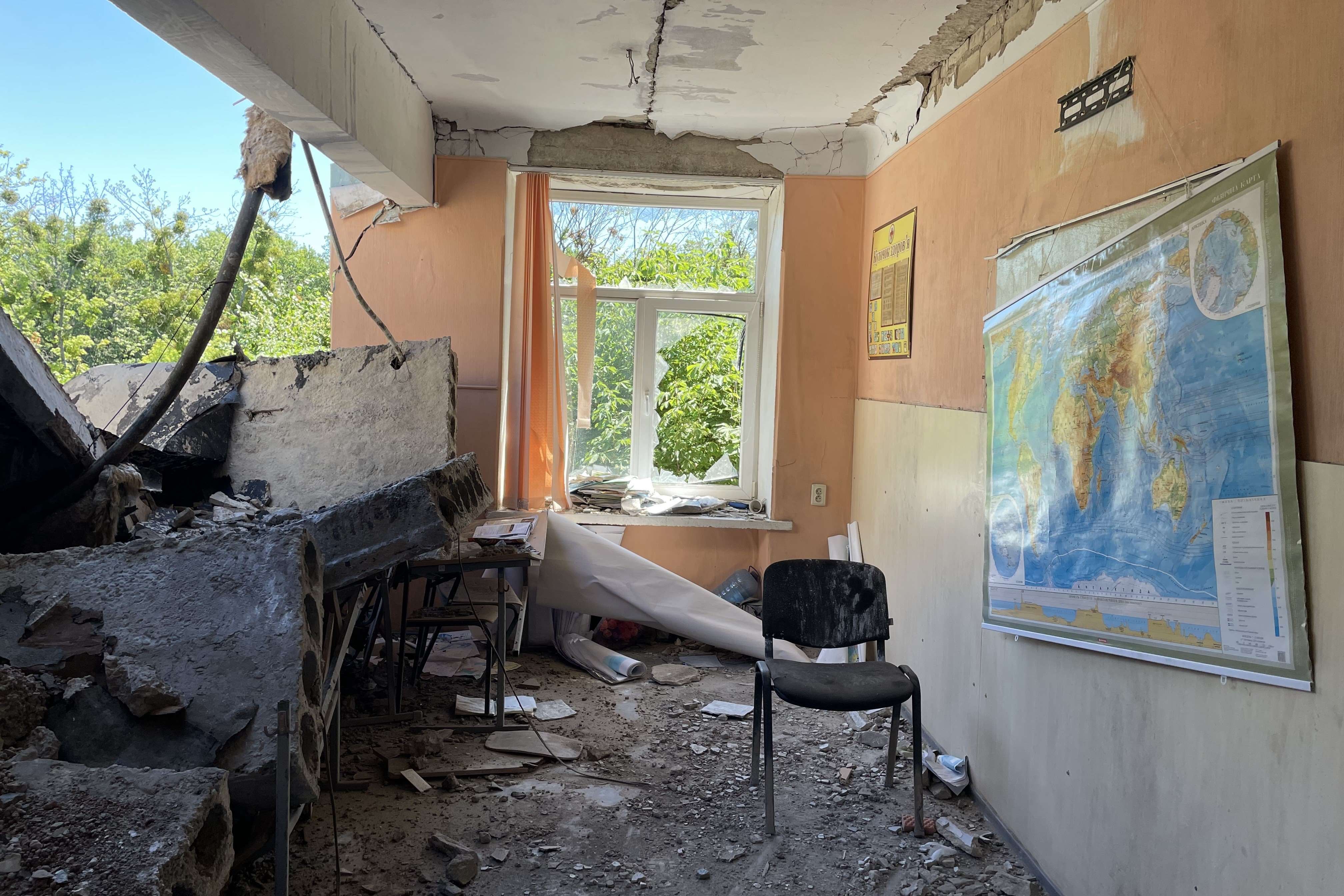 Rubble in a destroyed classroom
