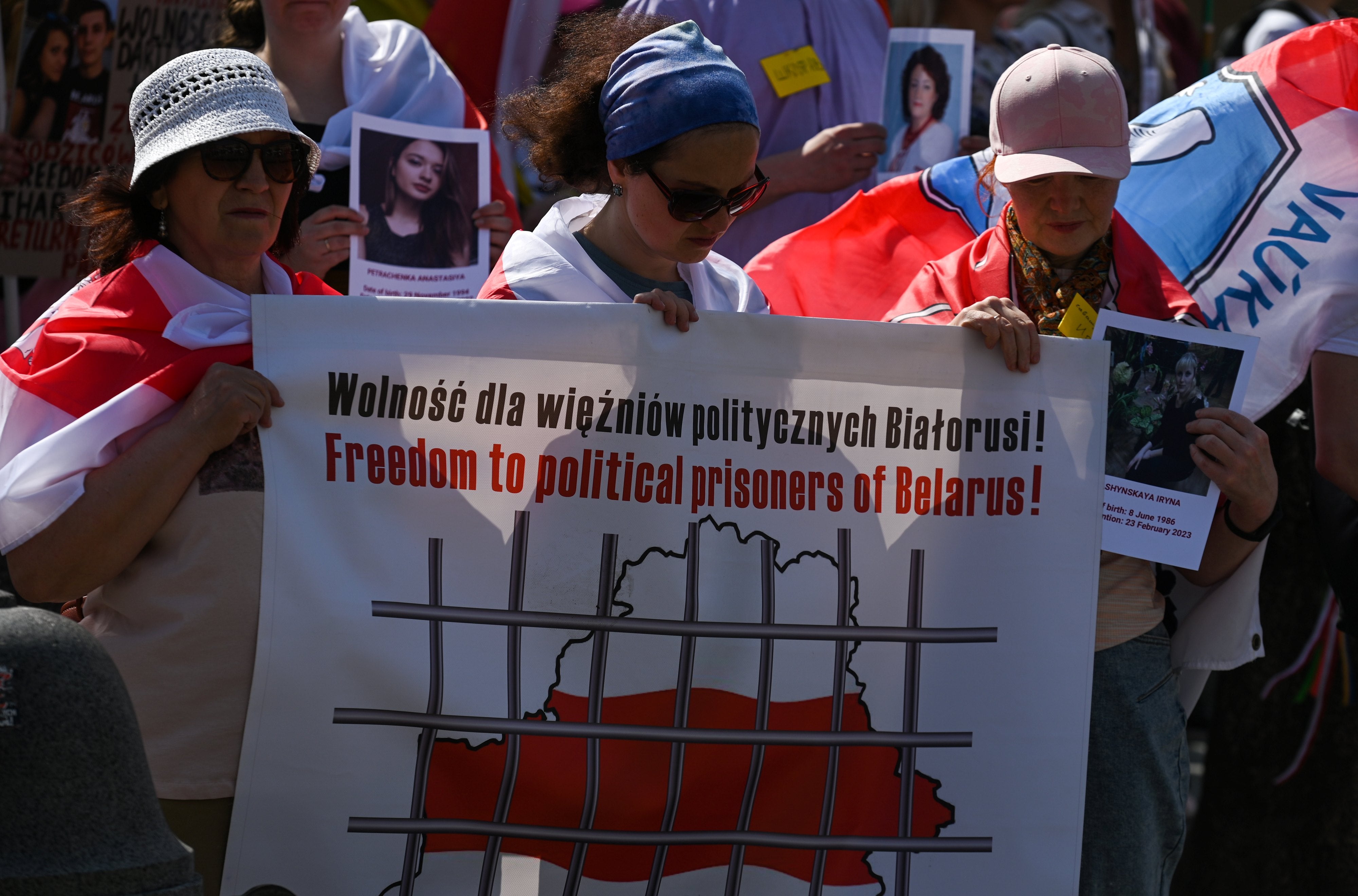 Activists gather in support of  ‘Freedom to Political Prisoners of Belarus’ on Sunday, May 21, 2023, at the Market Square in Krakow, Poland . 