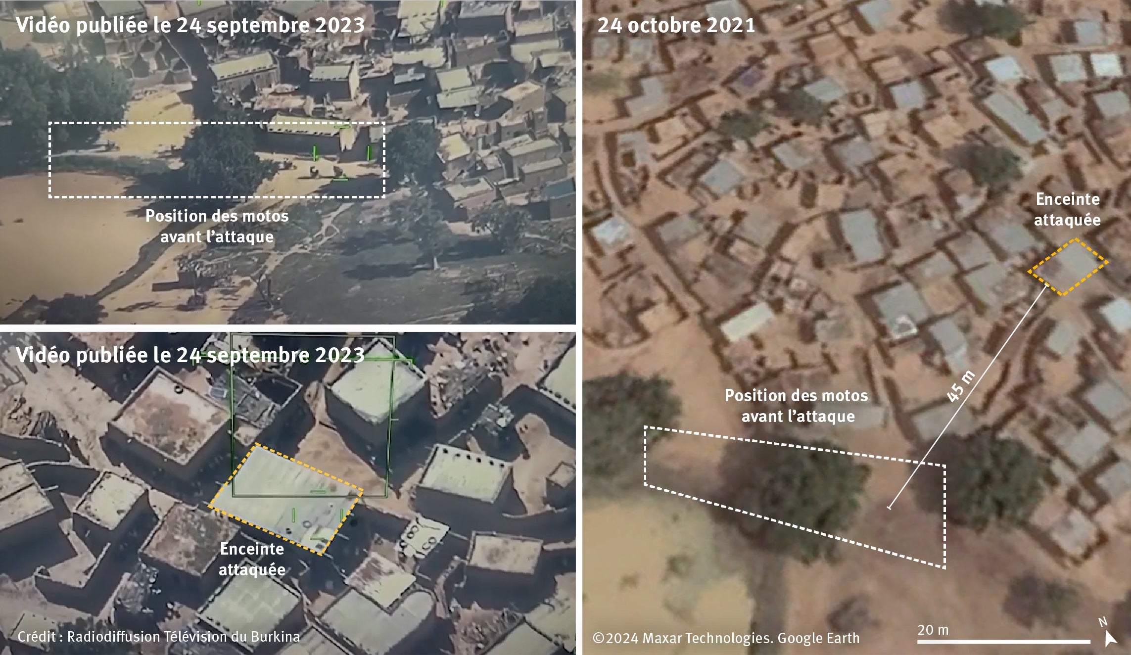 À gauche, deux captures d’écran prises d’une vidéo postée le 24 septembre 2023 sur la chaine YouTube de Radiodiffusion Télévision du Burkina. L’image montre les activités avant l’attaque sur l’enceinte. © 2023 Radiodiffusion Télévision du Burkina. À droite, une image satellite montre la distance approximative entre les motos et l’enceinte. Image satellite : © 2024 Maxar Technologies. Source Google Earth. Analyse and Graphiques © 2024 Human Rights Watch