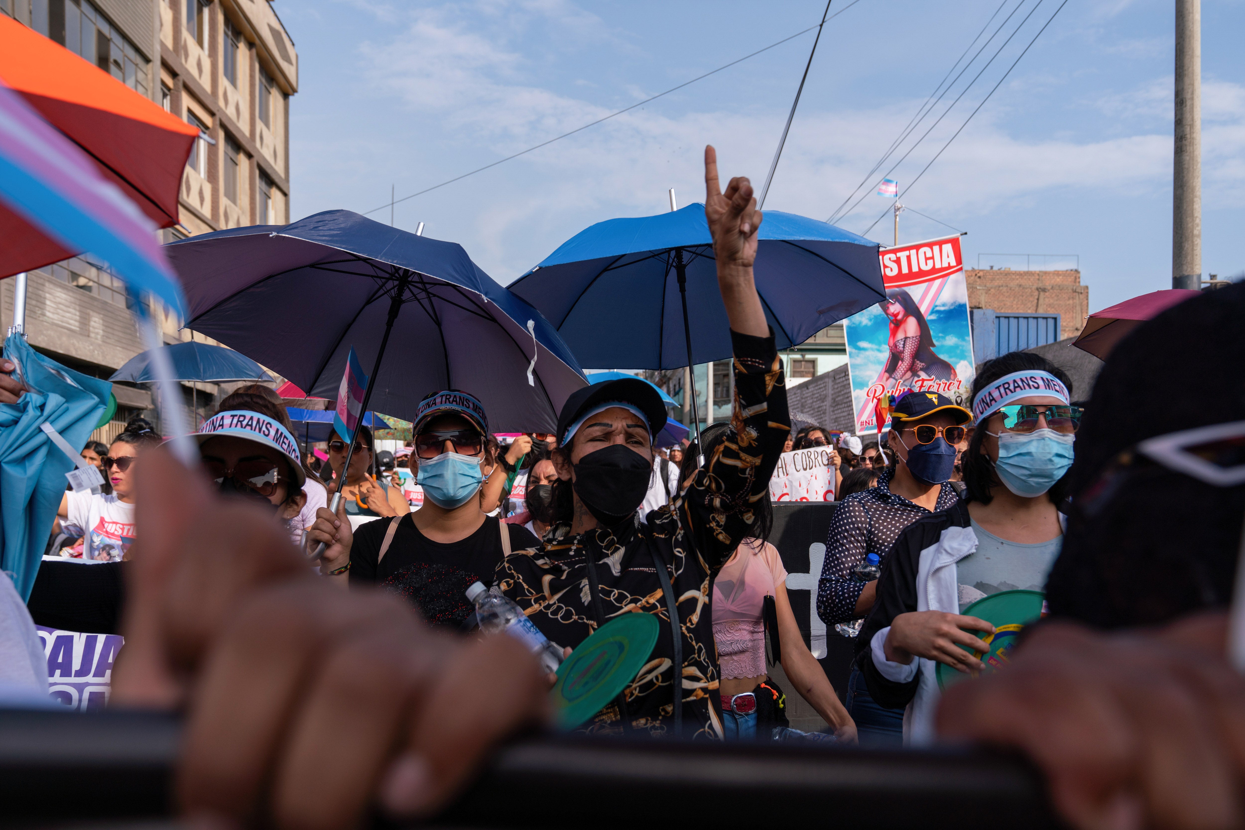 Organizations march to demand faster investigations and justice in cases of transphobic violence in Lima, Peru, on February 22, 2023.