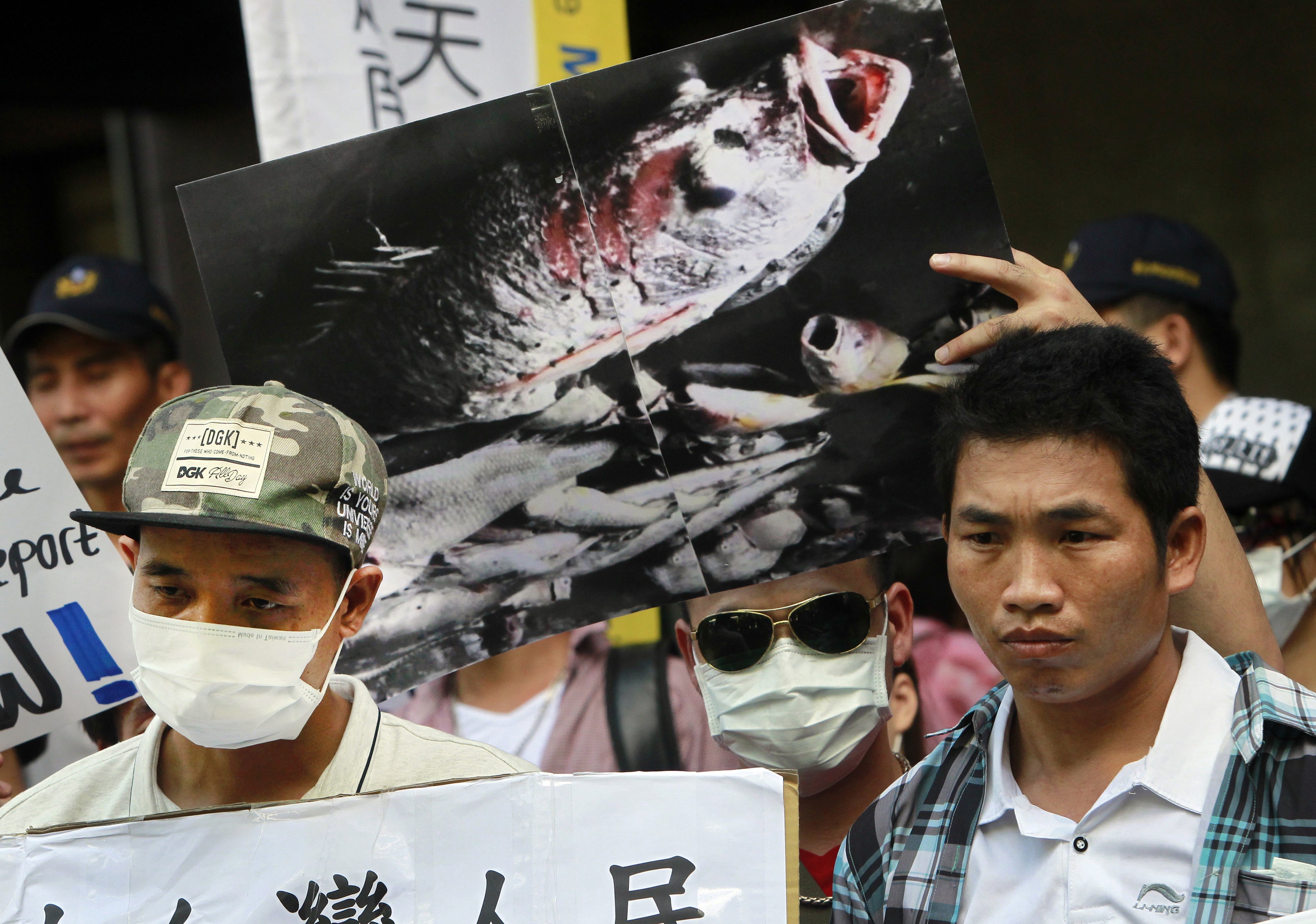 Vietnamese activists hold a photo of dead fish allegedly killed with toxic chemicals during a protest to urge Formosa Plastics Group to take responsibility for the cleanup in Vietnam, August 10, 2016, in Taipei, Taiwan.