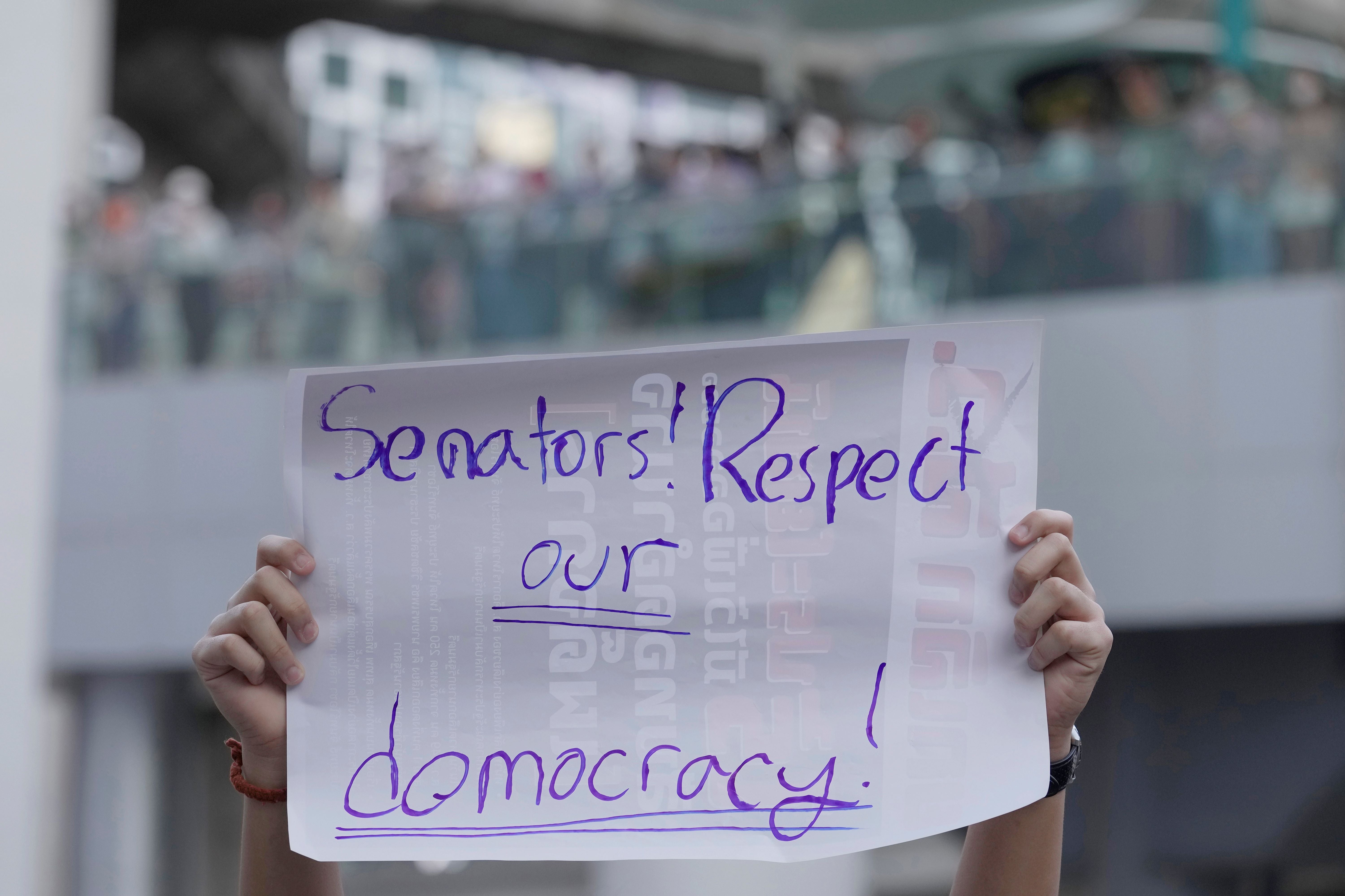 A protest sign that reads "Senators! Respect our democracy!"