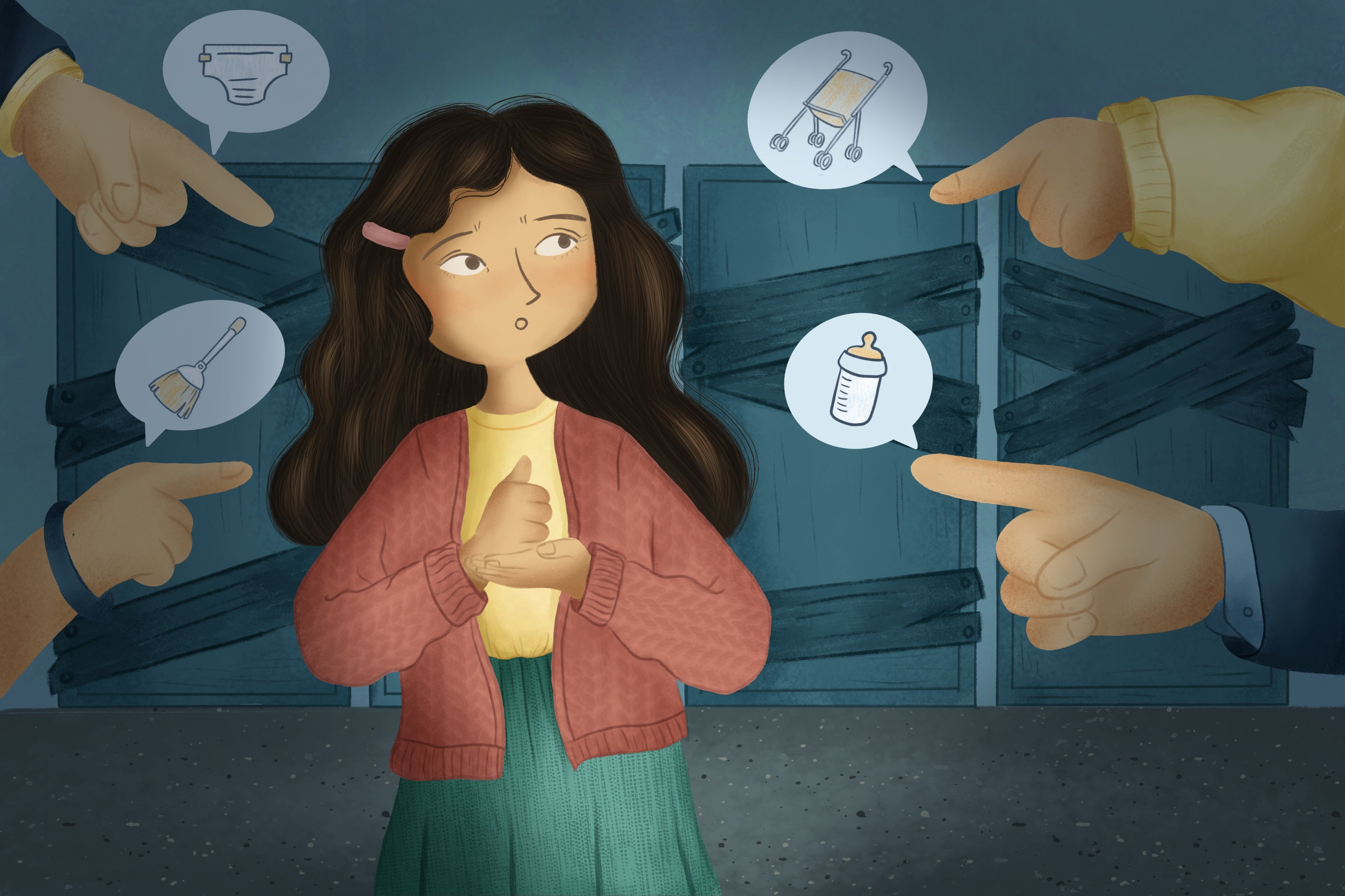 Illustration of people pointing at a young girl