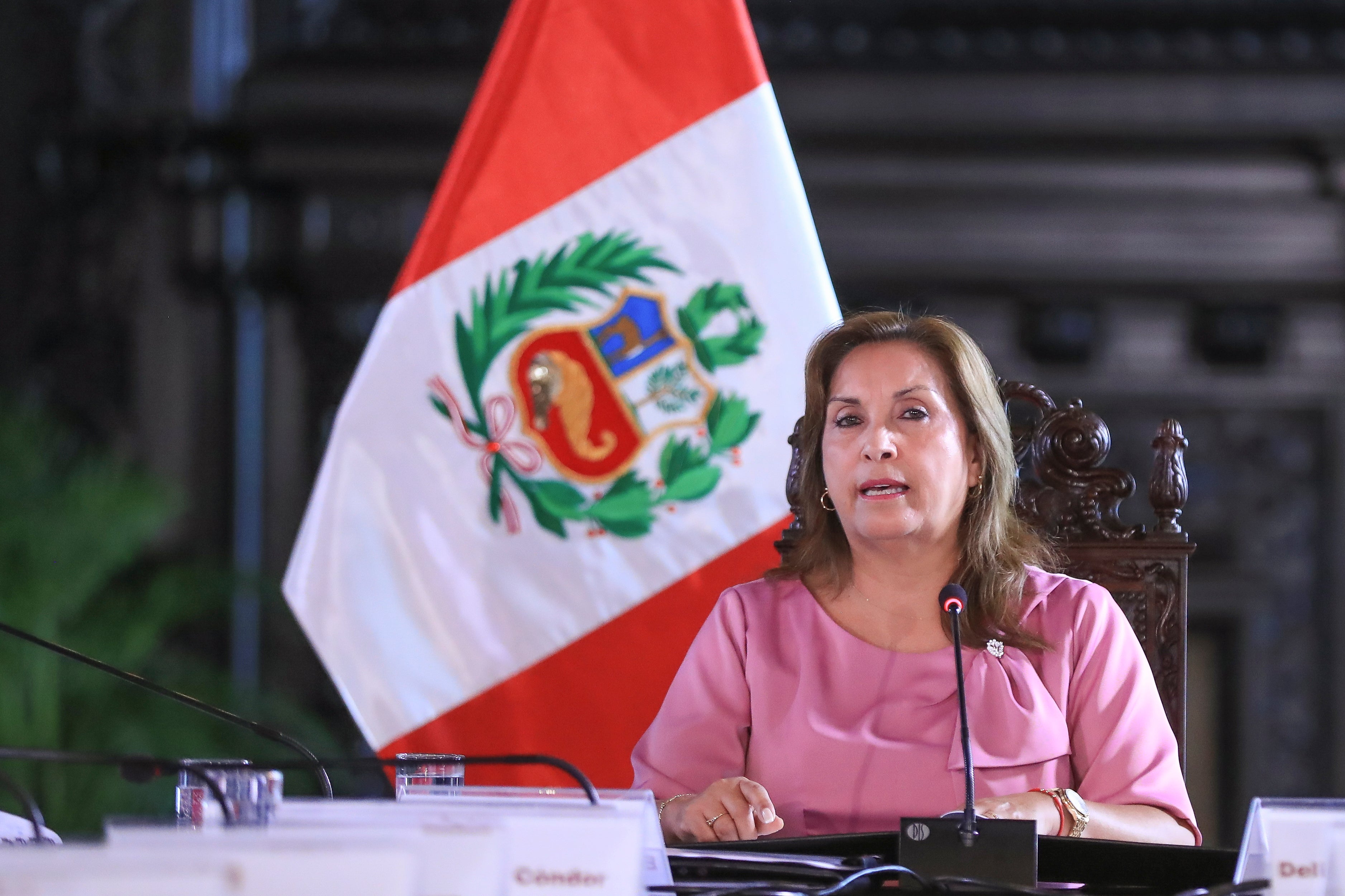 La presidenta Dina Boluarte durante una sesión ordinaria del Consejo Nacional de Seguridad Ciudadana en Lima, Perú, el 18 de marzo de 2025. 