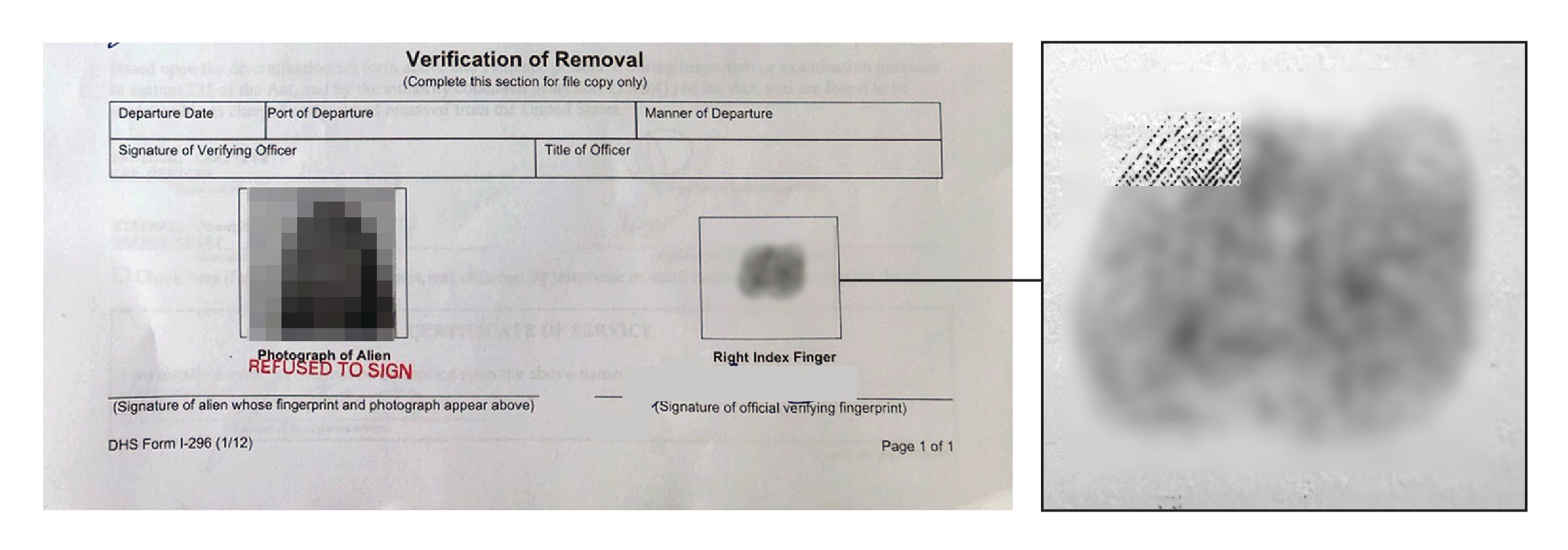 Redacted form and blurred fingerprint