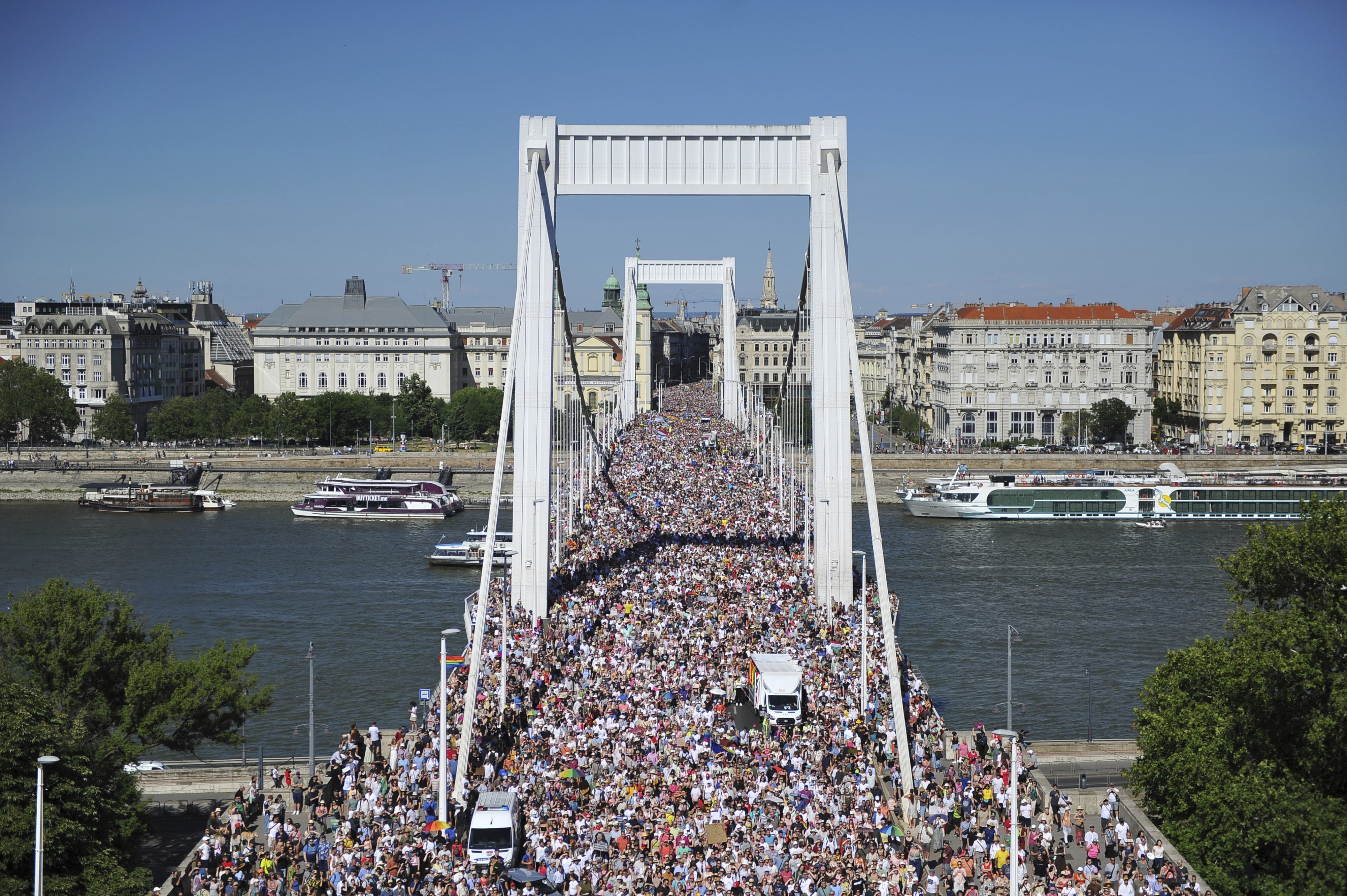 People gather for the Pride March in Budapest, Hungary, on June 28, 2025.