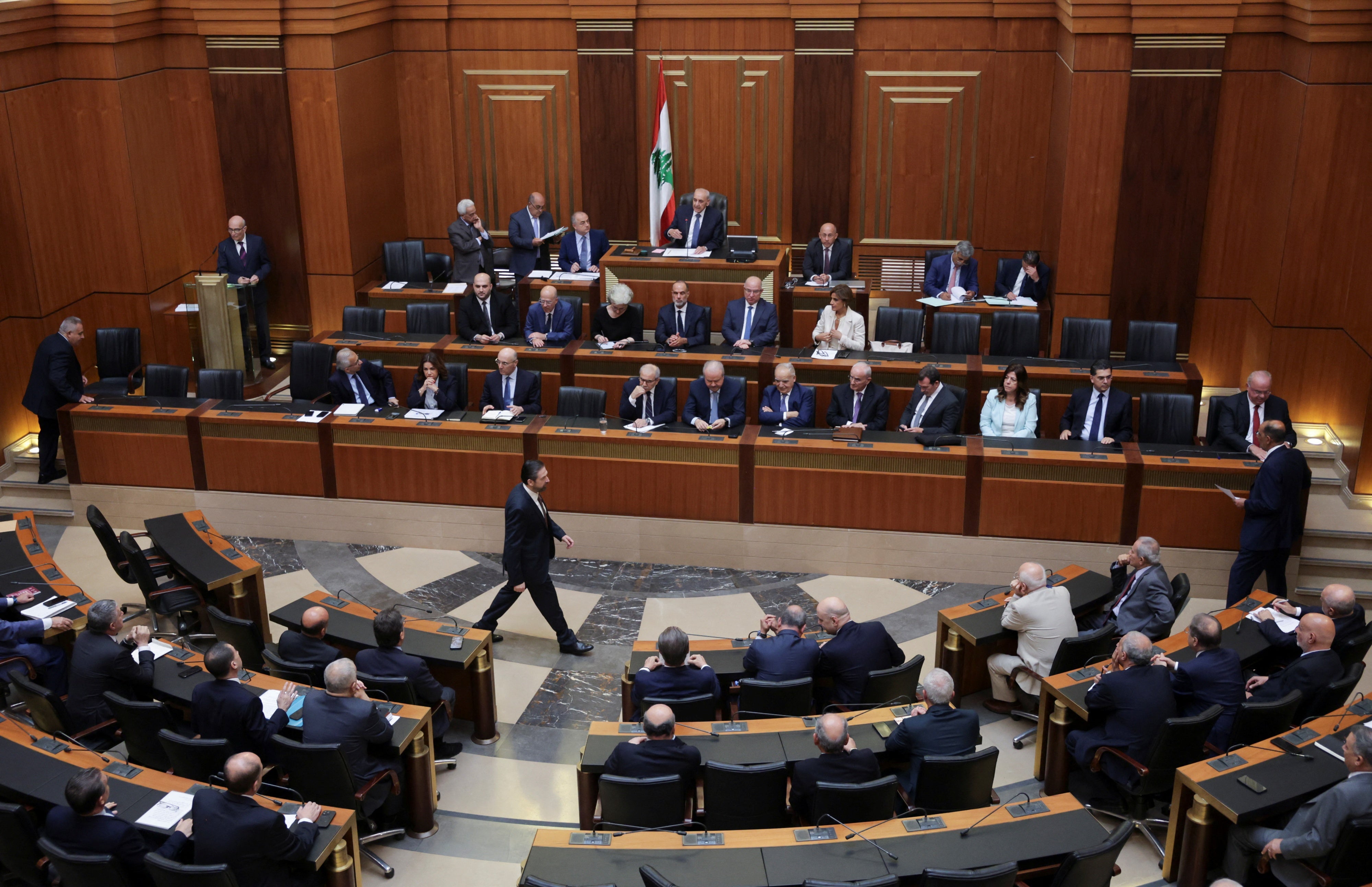 Lebanese Parliament Speaker Nabih Berri and members of the Lebanese government attend a parliament session in Beirut, July 15, 2025.