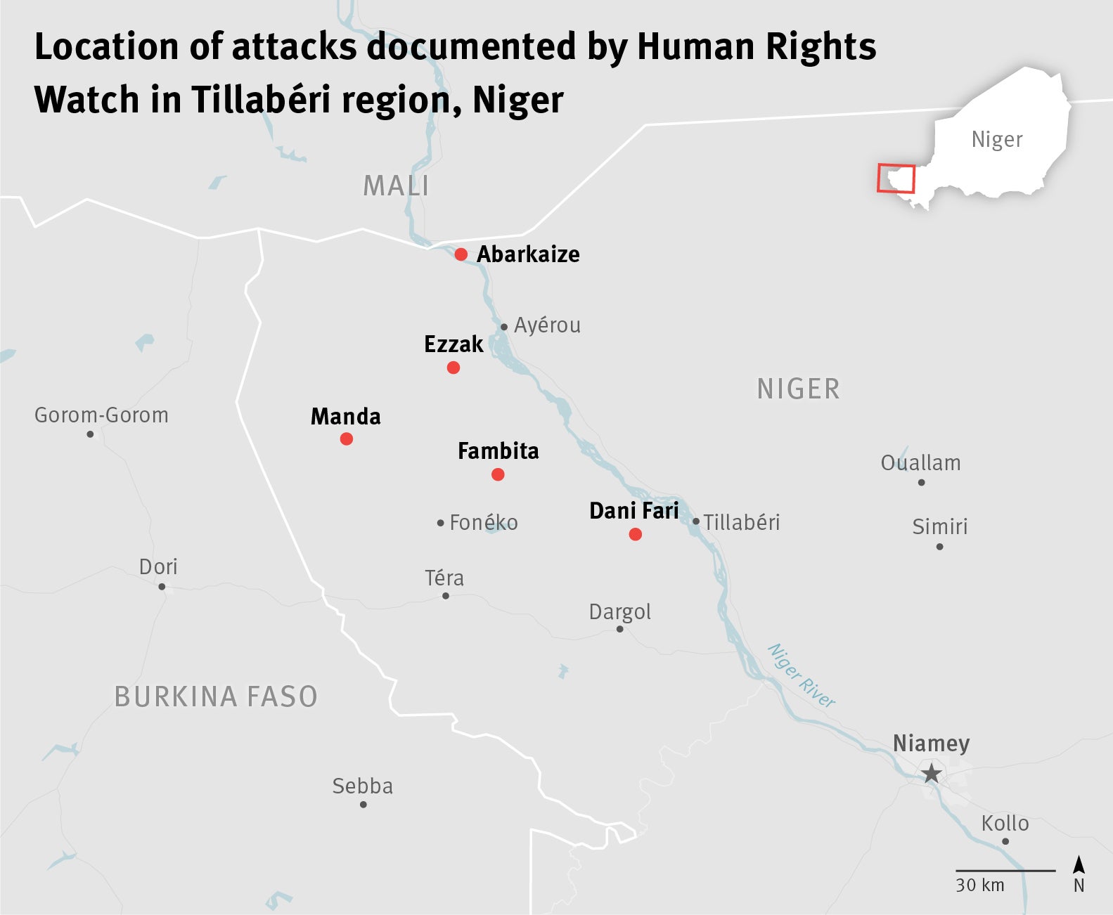 Map of attacks in Tillabéri region, Niger.