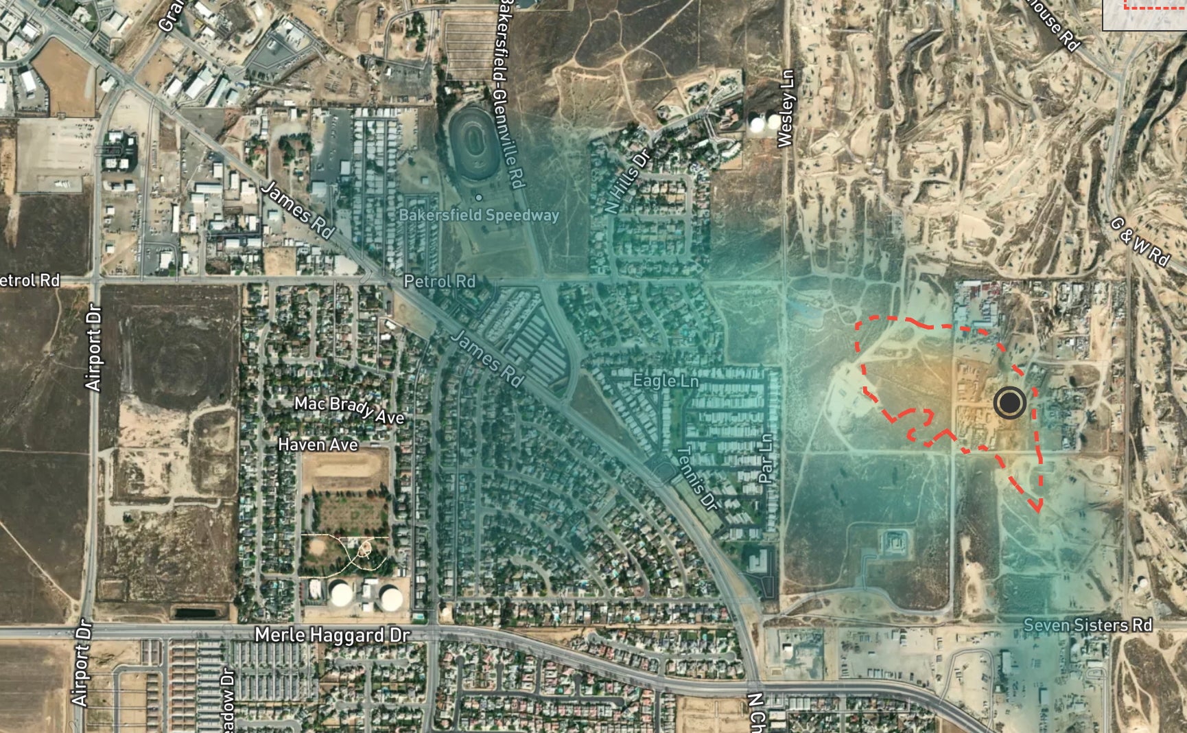 A methane emissions event in Bakersfield, California, captured by the Methane Risk Map.