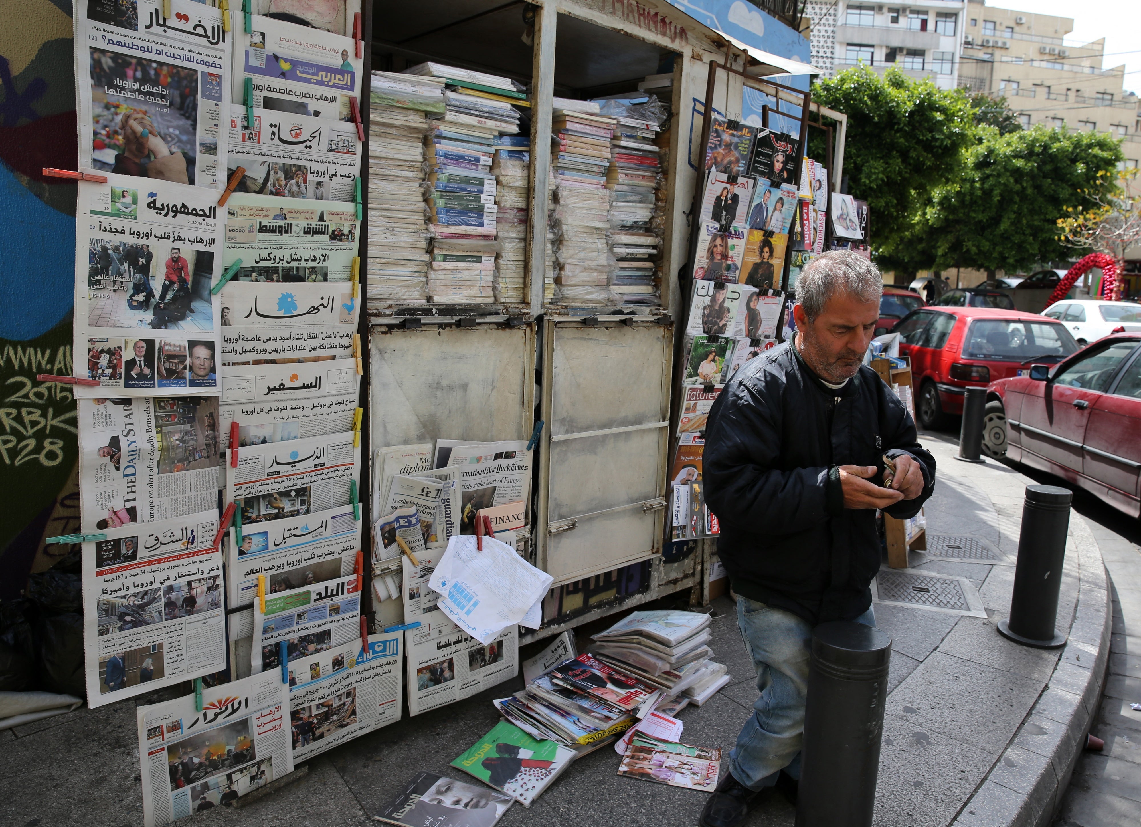 Newspapers displayed at a kiosk in Beirut, Lebanon, March 23, 2016. 