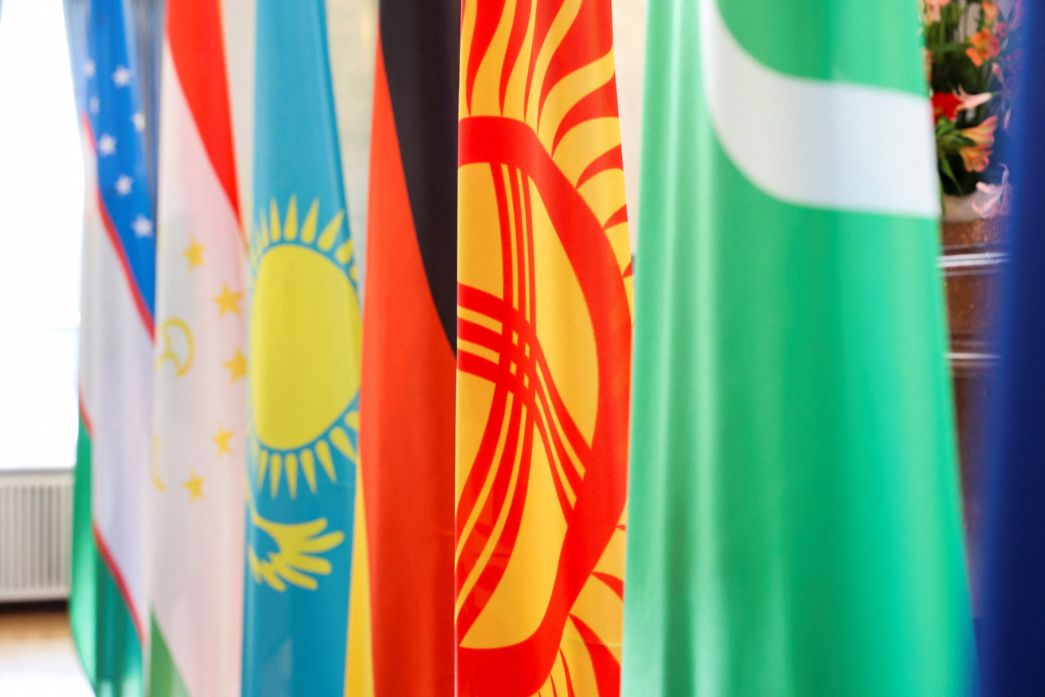 Flags of the five Central Asian countries at Bellevue Palace in Berlin, Germany, September 29, 2023.