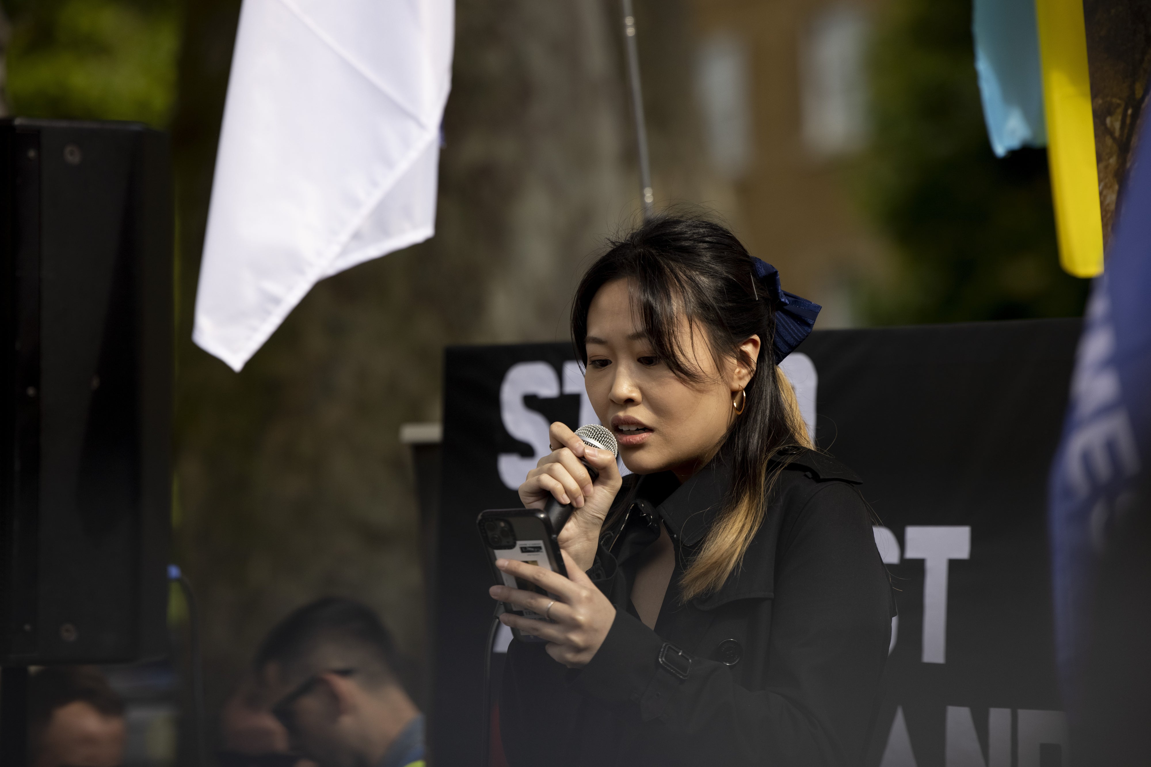 Carmen Lau, a Hong Kong pro-democracy activist in exile, speaking during a rally at Downing Street, London, June 4, 2022.