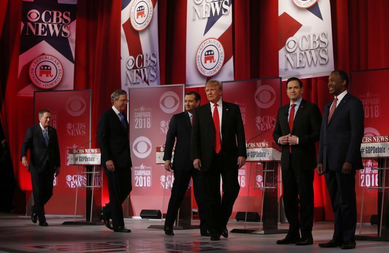 Republican U.S. presidential candidates (L-R) Governor John Kasich, former Governor Jeb Bush, U.S. Senator Ted Cruz, businessman Donald Trump, Senator Marco Rubio and Dr. Ben Carson arrive onstage before the start of the Republican U.S. presidential candi
