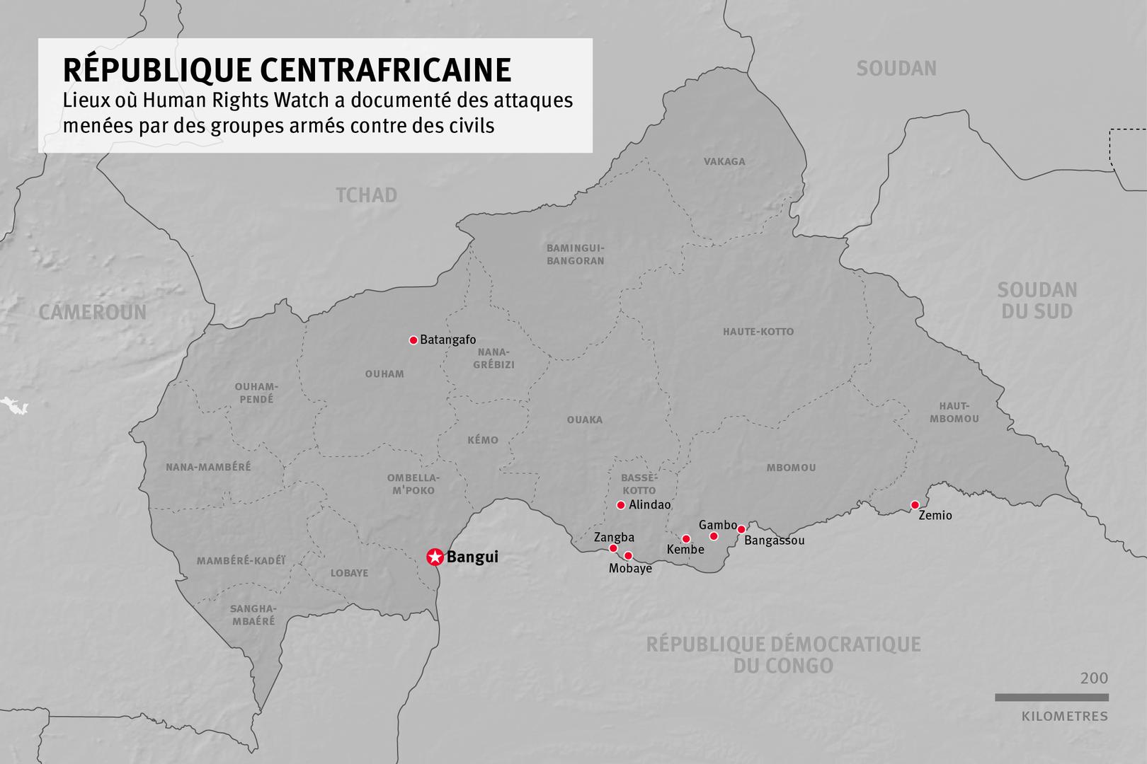 République centrafricaine: Lieux où Human Rights Watch a documenté des attaques menées par des groupes armés contre des civils, Mai-Octobre 2017