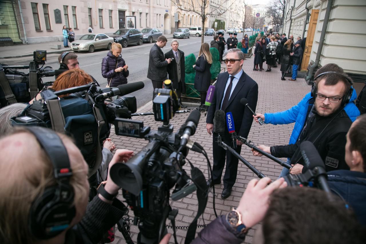 Yaroslav Sivulsky, member of the Managerial center of the JW, gives interview after the court hearing in the Supreme Court on April 7, 2017, Moscow.