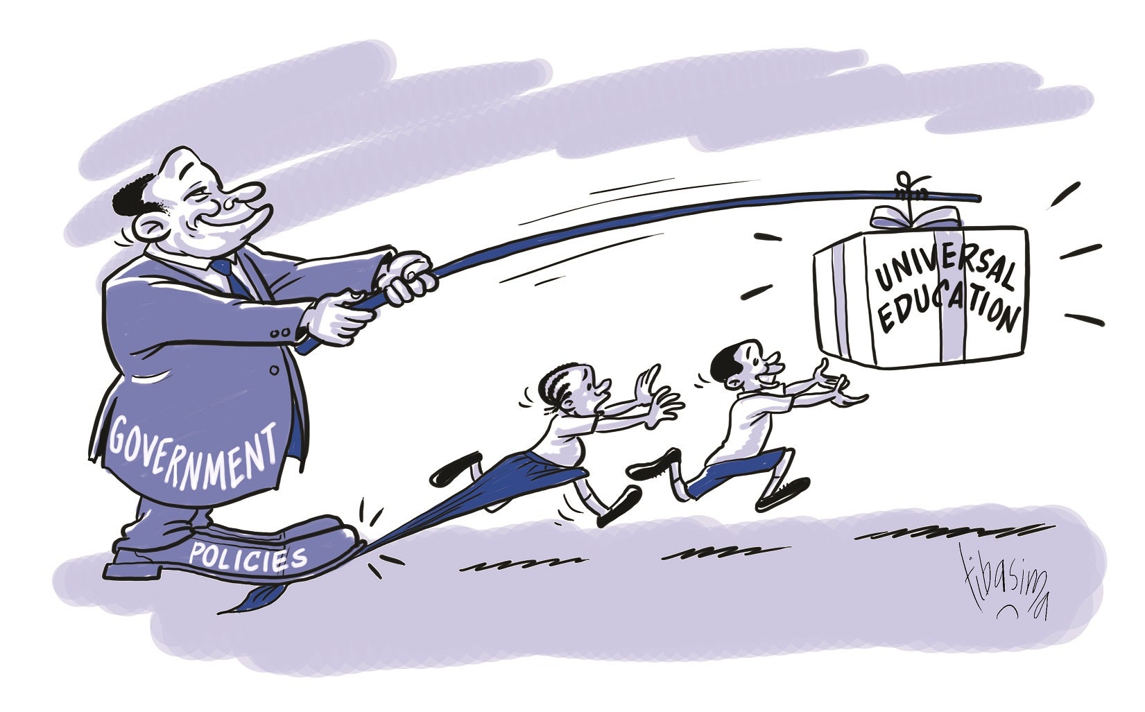 Ce dessin illustre le fait que de nombreux gouvernements se prononcent en théorie pour le principe de l’éducation universelle (selon lequel les enfants partout dans le monde auraient accès à l’éducation), mais dans la pratique, mènent politiques qui frein