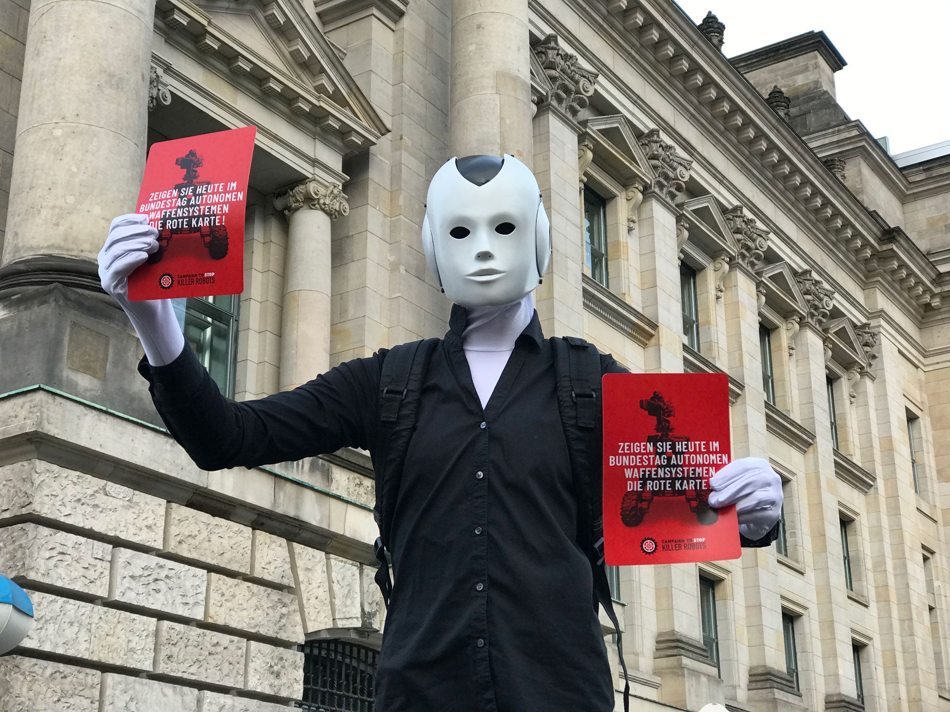 Artists and activists participate in a Campaign to Stop Killer Robots event outside Germany’s parliament, February 2020.