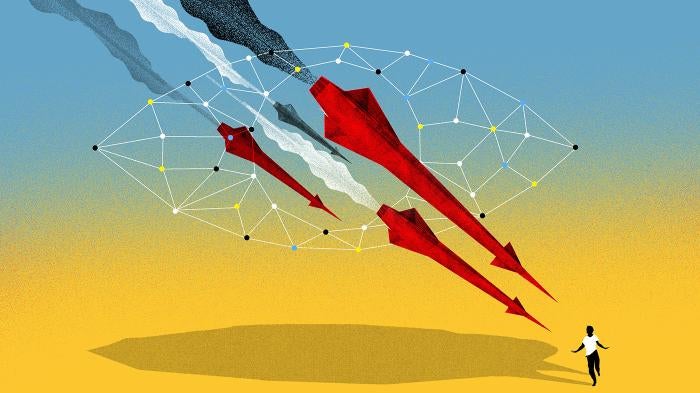 A cartoon image shows missiles raining down on a civilian running away. 