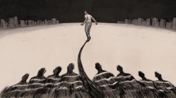 An illustration of man running away from shadowy figures