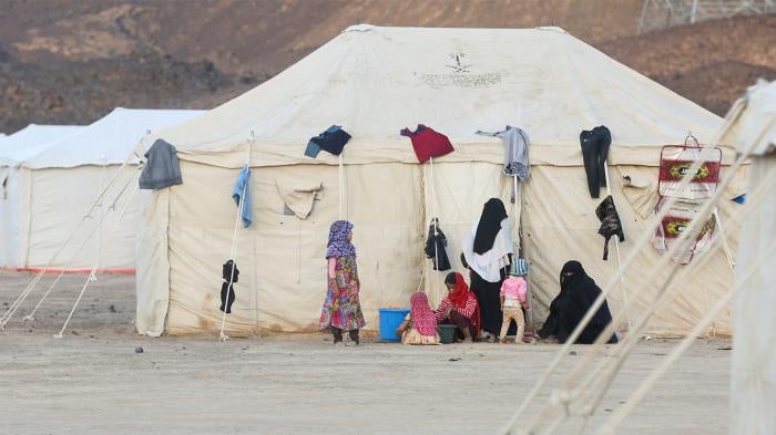 Women and children are pictured at a camp for people recently displaced by fighting in Yemen's northern province of al-Jawf between government forces and Houthis, in Marib, Yemen March 8, 2020.