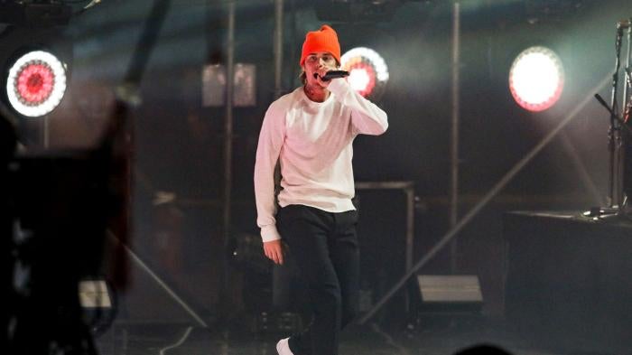 Justin Bieber performs during the Triller Fight Club Night at Mercedes Benz Stadium in Atlanta, Georgia