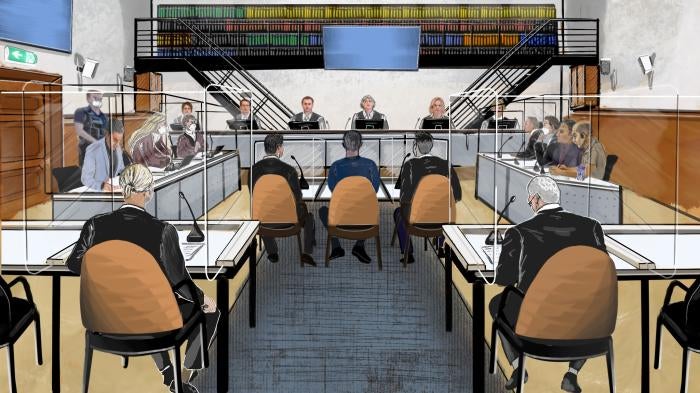 A view of a courtroom from the back