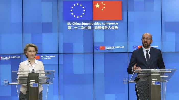 European Council President Charles Michel, right, and European Commission President Ursula von der Leyen participate in a media conference at the conclusion of the 2020 EU-China summit video conference at the European Council in Brussels, June 22, 2020.