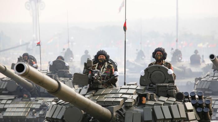 Military personnel participate in a parade on Armed Forces Day in Naypyidaw, Myanmar, Saturday, March 27, 2021.