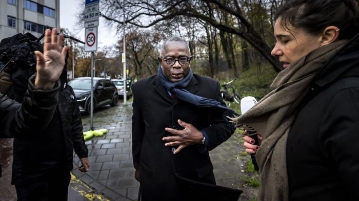 Johan Roozer, of the Suriname National Committee for the Remembrance of Slavery arrives at The Hague.