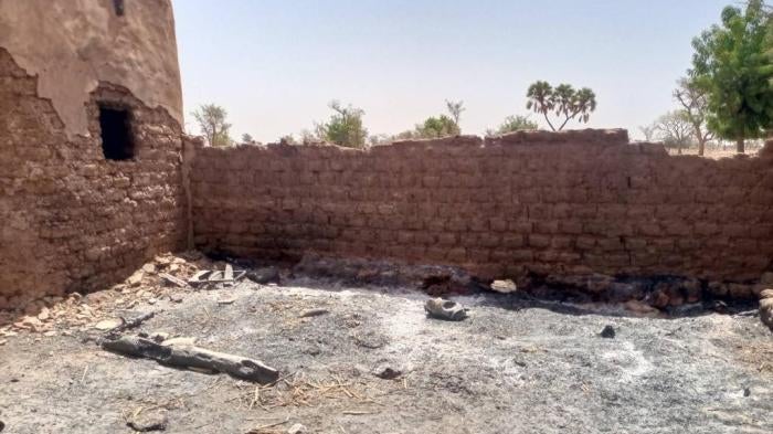 An animal pen burned by apparent Burkinabé soldiers on April 20, 2023 in the village of Karma, Yatenga province in northern Burkina Faso, April 27, 2023. 