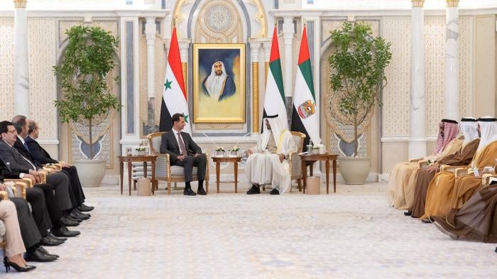 Sheikh Mohamed bin Zayed Al Nahyan, President of the United Arab Emirates meets with Bashar Al Assad, President of Syria during a reception at Qasr Al Watan in Abu Dhabi, United Arab Emirates.