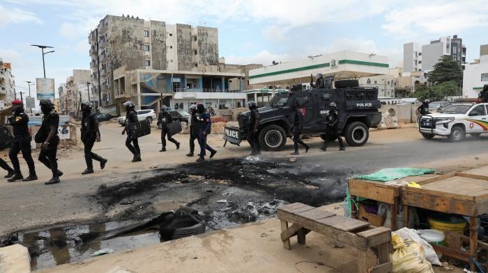 Gendarmes are deployed to calm protests after opposition leader Ousmane Sonko has been detained, in Dakar, Senegal, July 31, 2023. 